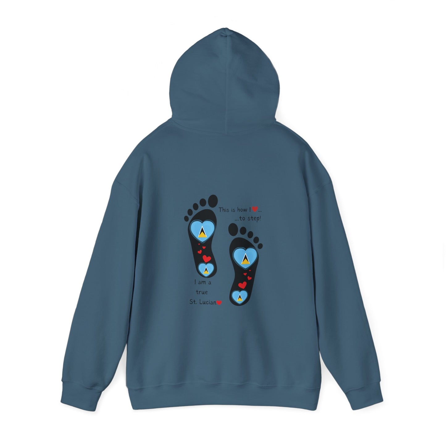 Elevate Your Style with LoveJustJules's St. Lucian Heart-Shaped Flag in Footsteps Hooded Sweatshirt.
