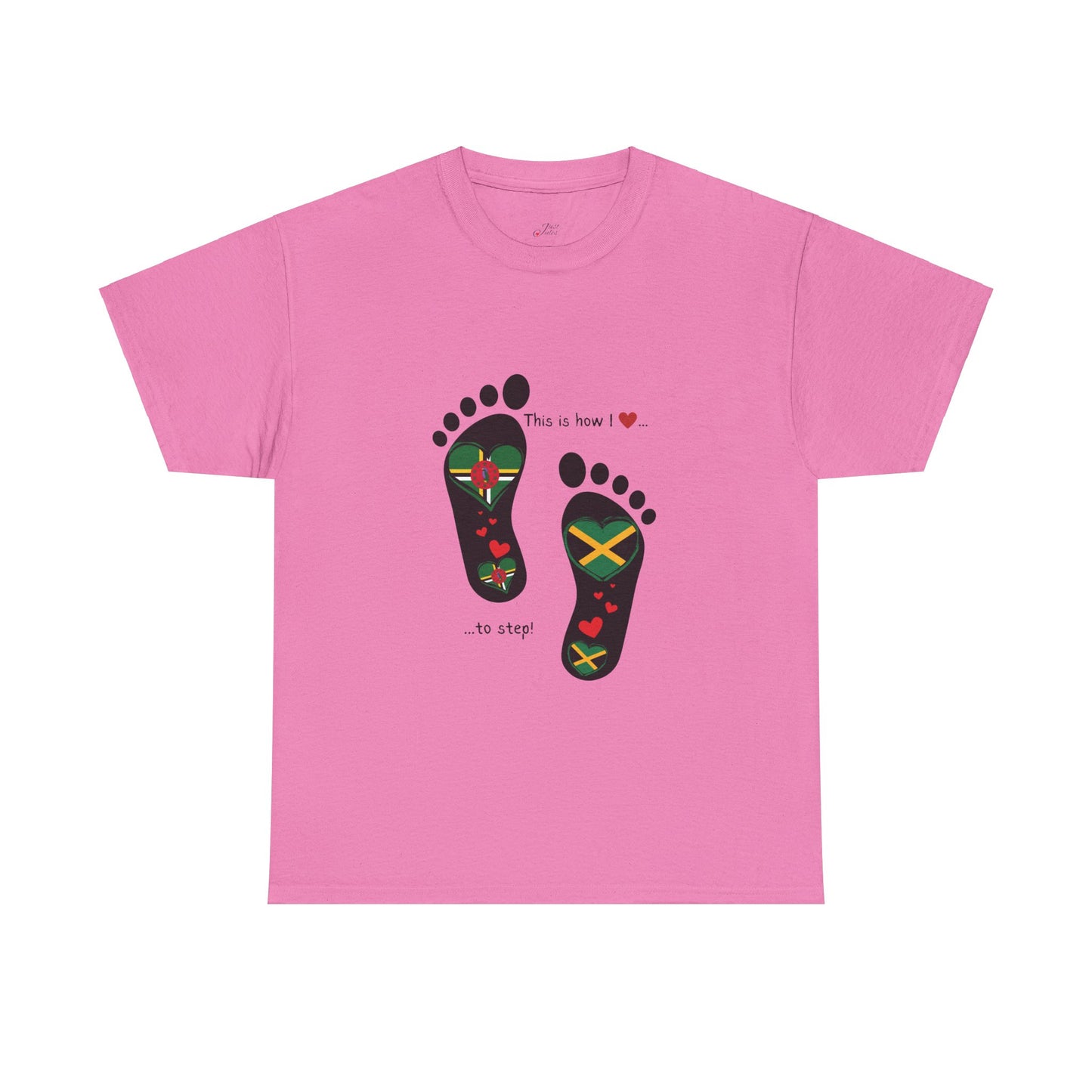 Jamaica & Dominica Flag in Footsteps Tee: Unique Unisex Soft style tee-Shirt for Dual Heritage Pride! Island Flag Fusion Apparel