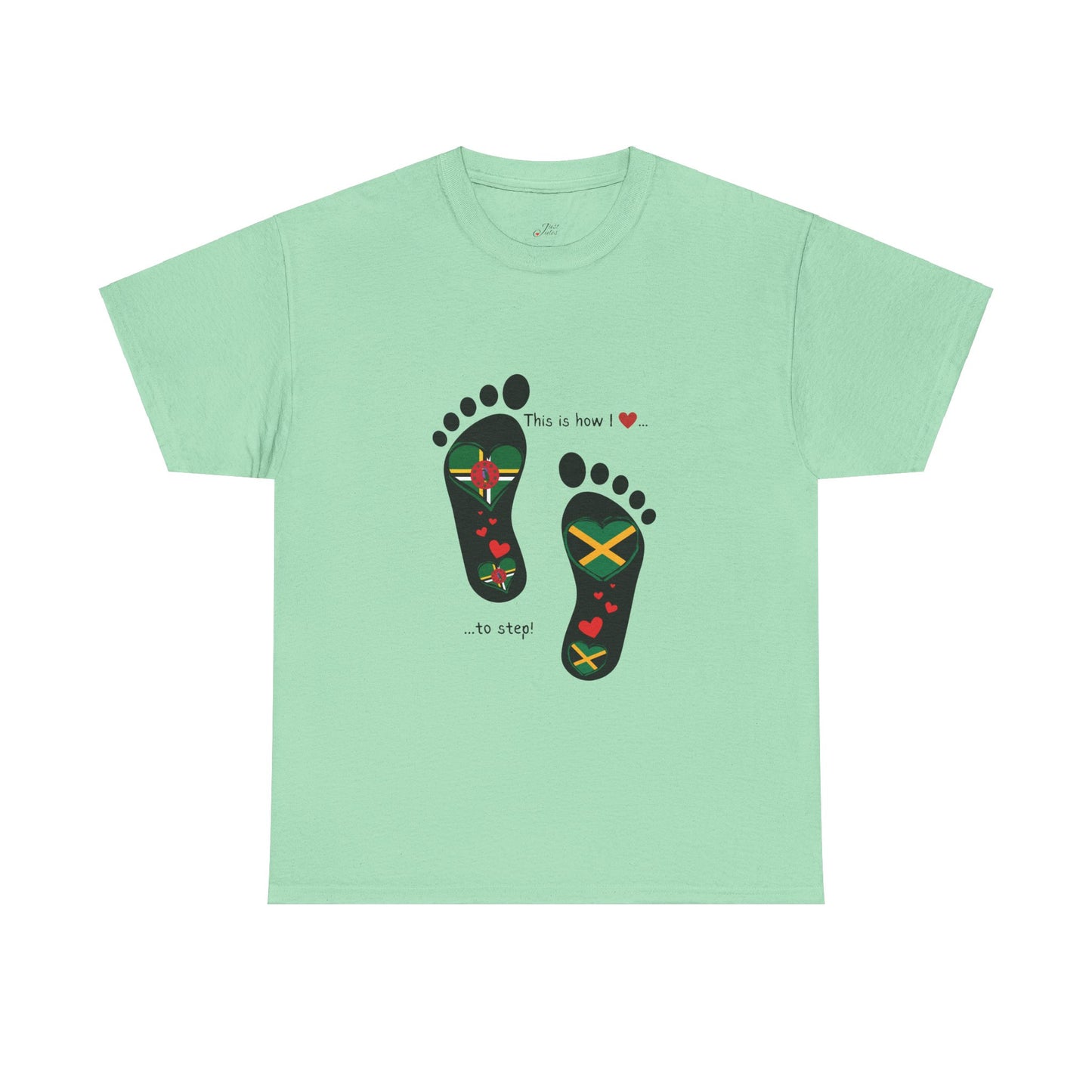 Jamaica & Dominica Flag in Footsteps Tee: Unique Unisex Soft style tee-Shirt for Dual Heritage Pride! Island Flag Fusion Apparel