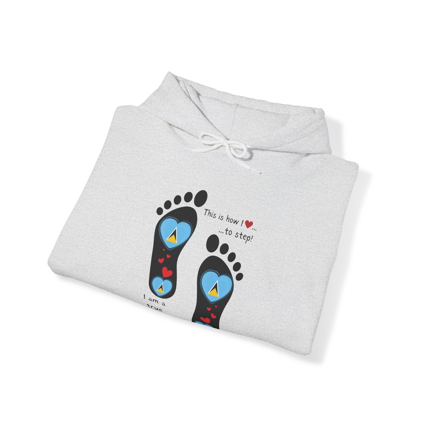 Elevate Your Style with LoveJustJules's St. Lucian Heart-Shaped Flag in Footsteps Hooded Sweatshirt.