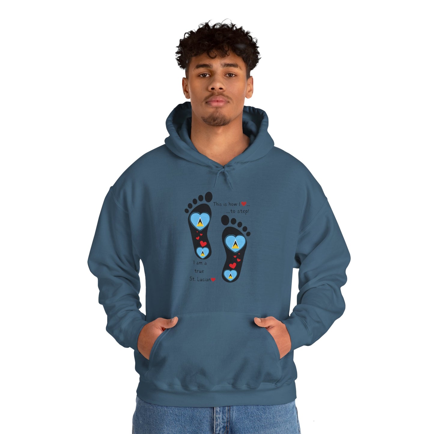 Elevate Your Style with LoveJustJules's St. Lucian Heart-Shaped Flag in Footsteps Hooded Sweatshirt.