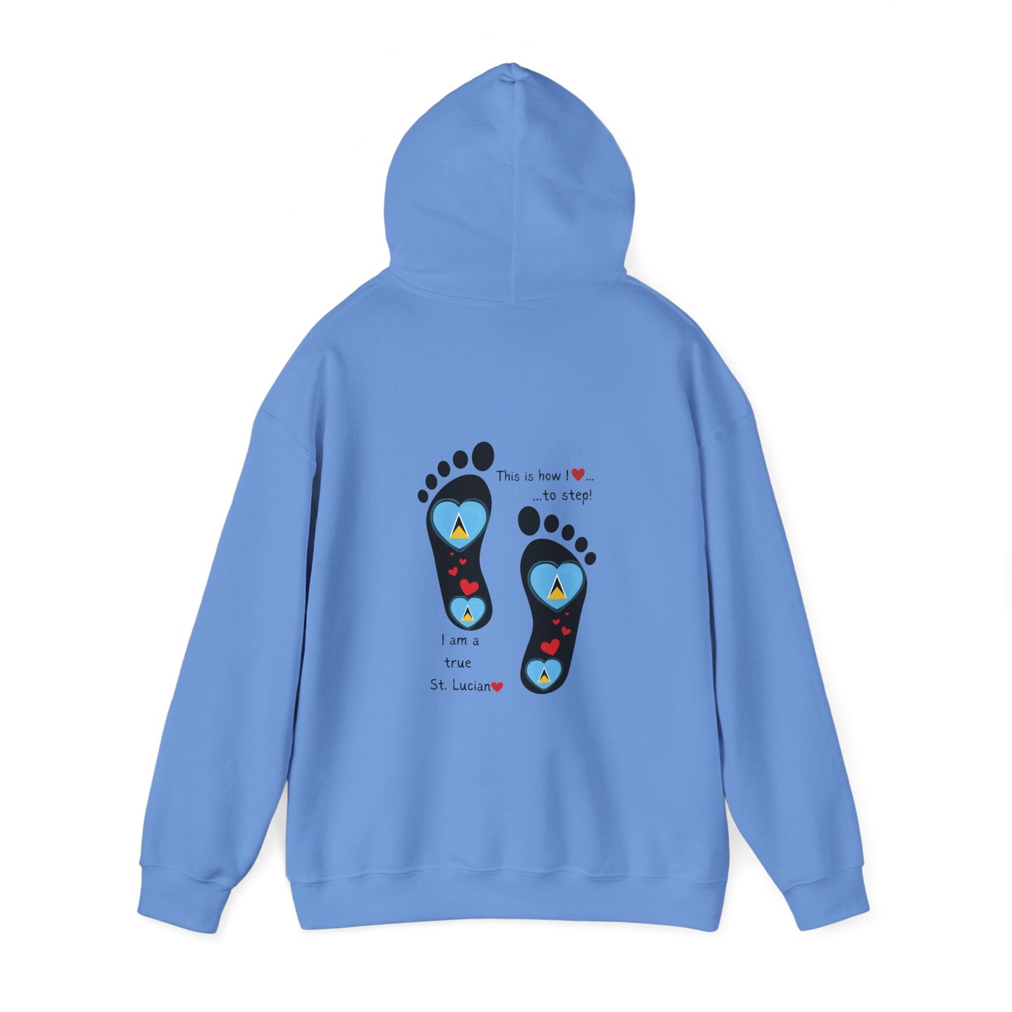 Elevate Your Style with LoveJustJules's St. Lucian Heart-Shaped Flag in Footsteps Hooded Sweatshirt.