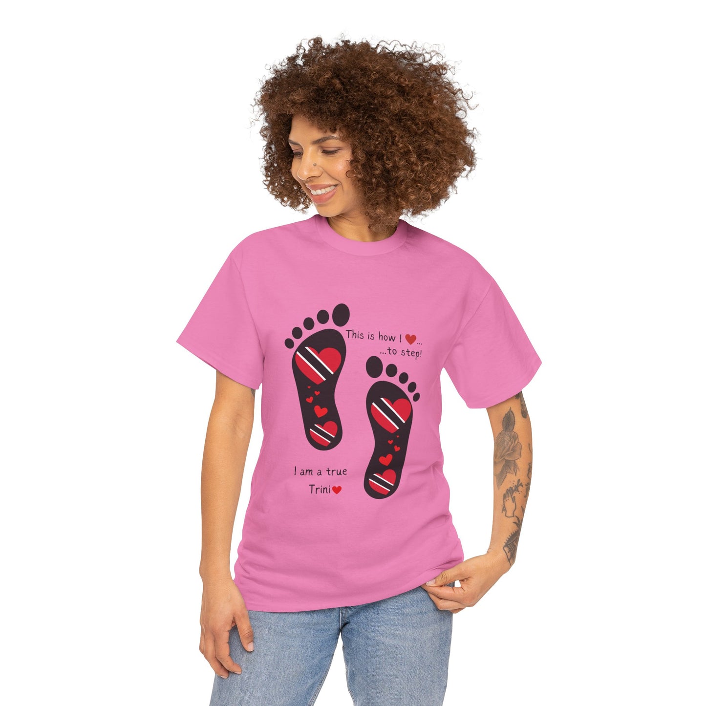 Introducing LoveJustJules's Exclusive Trinidad & Tobago Heart-Shaped Flags Footprint Tee - Trini flags in footprints. Gift Idea.