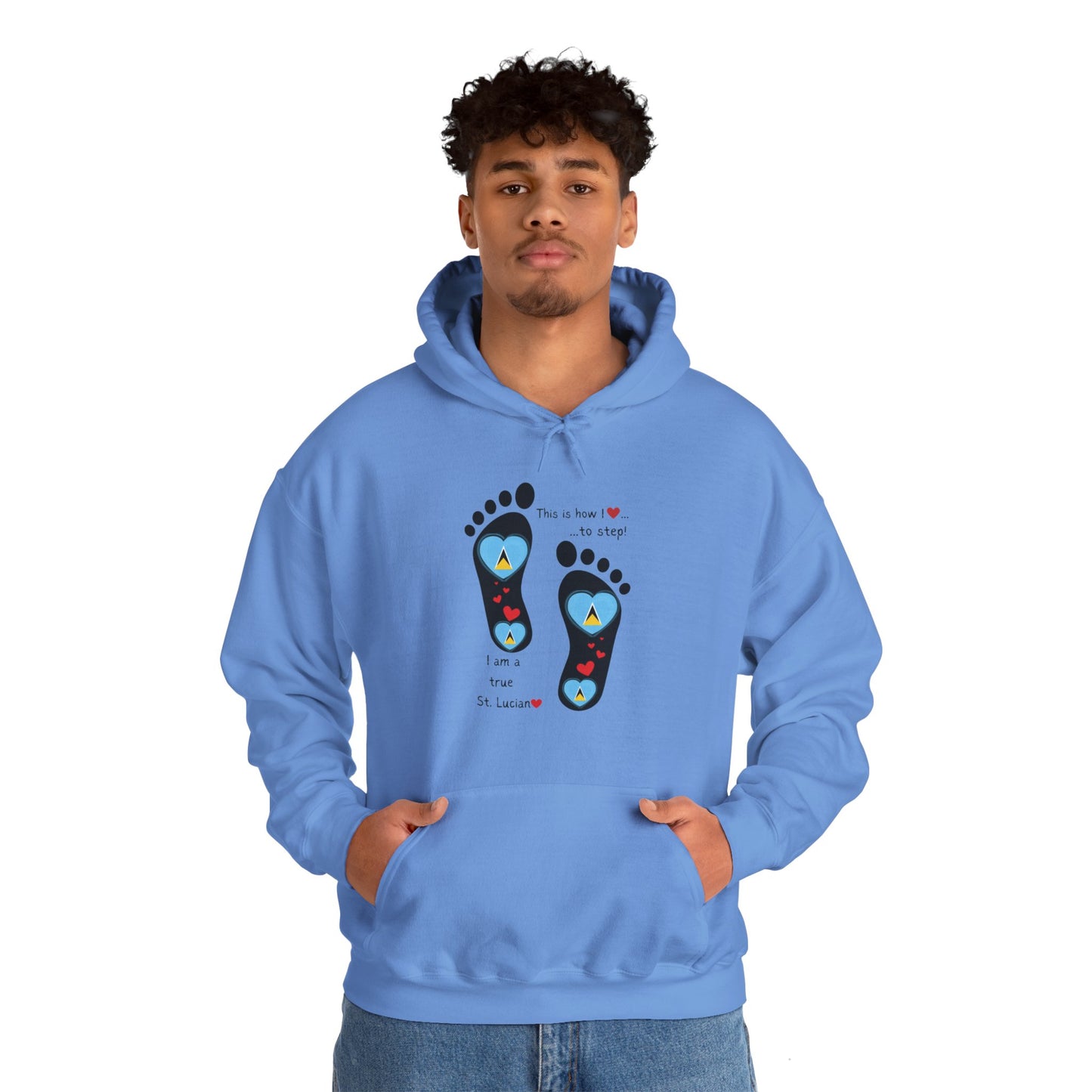 Elevate Your Style with LoveJustJules's St. Lucian Heart-Shaped Flag in Footsteps Hooded Sweatshirt.