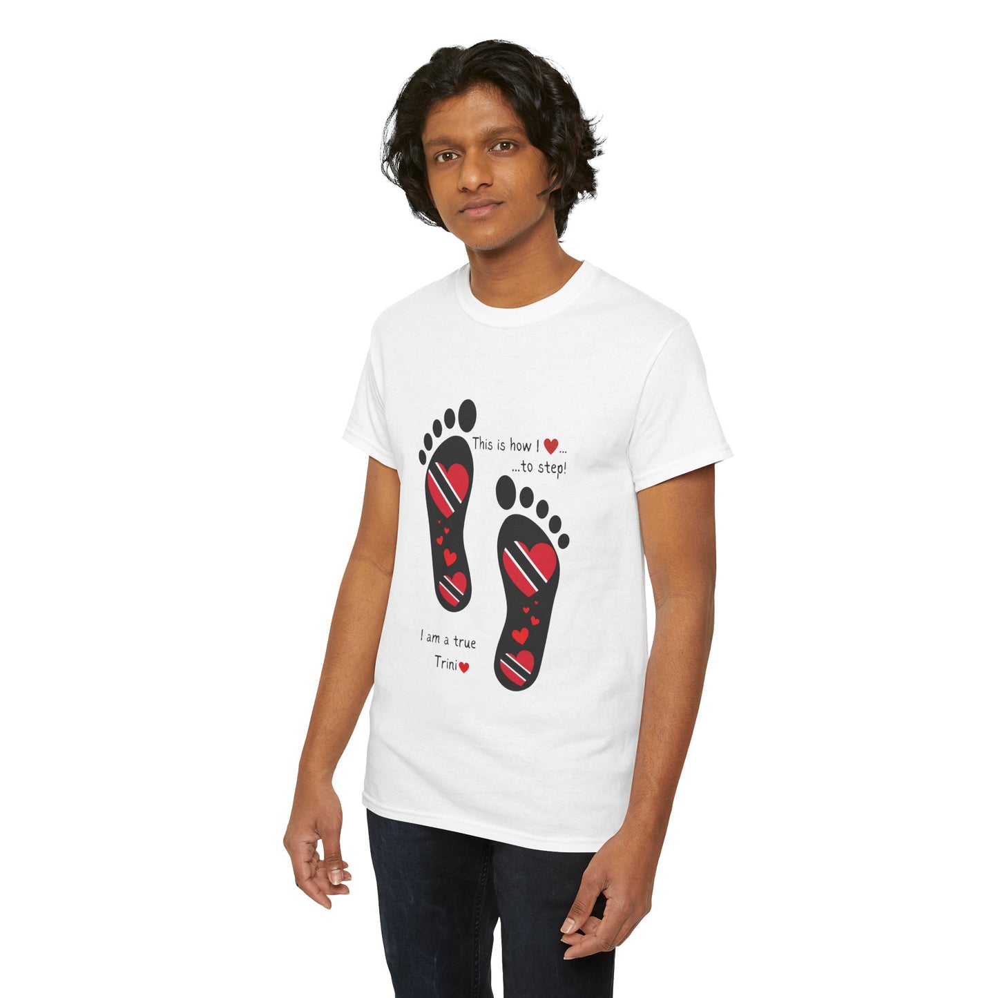 Introducing LoveJustJules's Exclusive Trinidad & Tobago Heart-Shaped Flags Footprint Tee - Trini flags in footprints. Gift Idea.