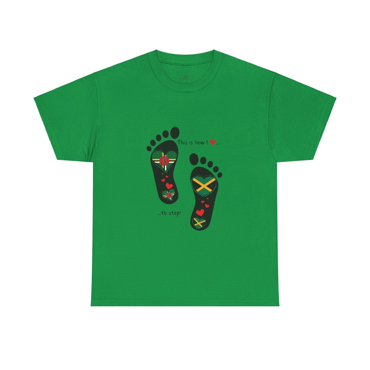 Jamaica & Dominica Flag in Footsteps Tee: Unique Unisex Soft style tee-Shirt for Dual Heritage Pride! Island Flag Fusion Apparel