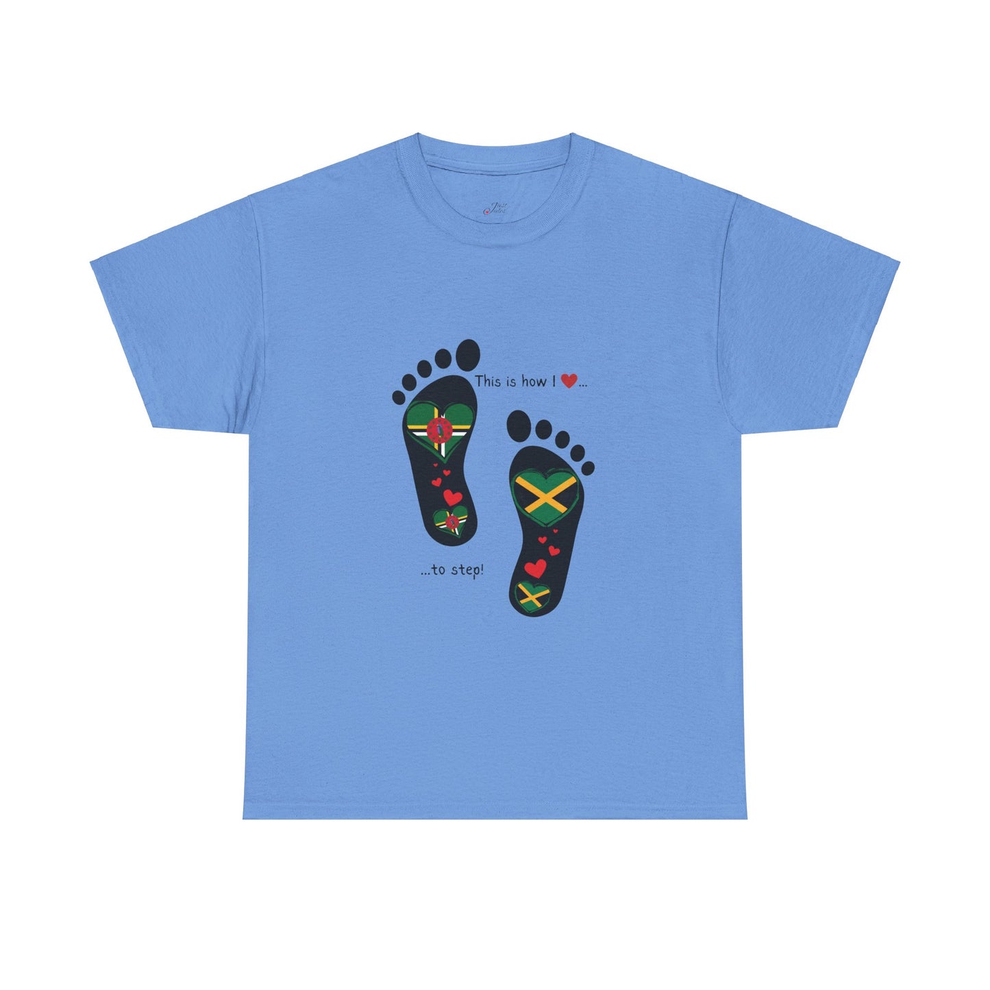 Jamaica & Dominica Flag in Footsteps Tee: Unique Unisex Soft style tee-Shirt for Dual Heritage Pride! Island Flag Fusion Apparel