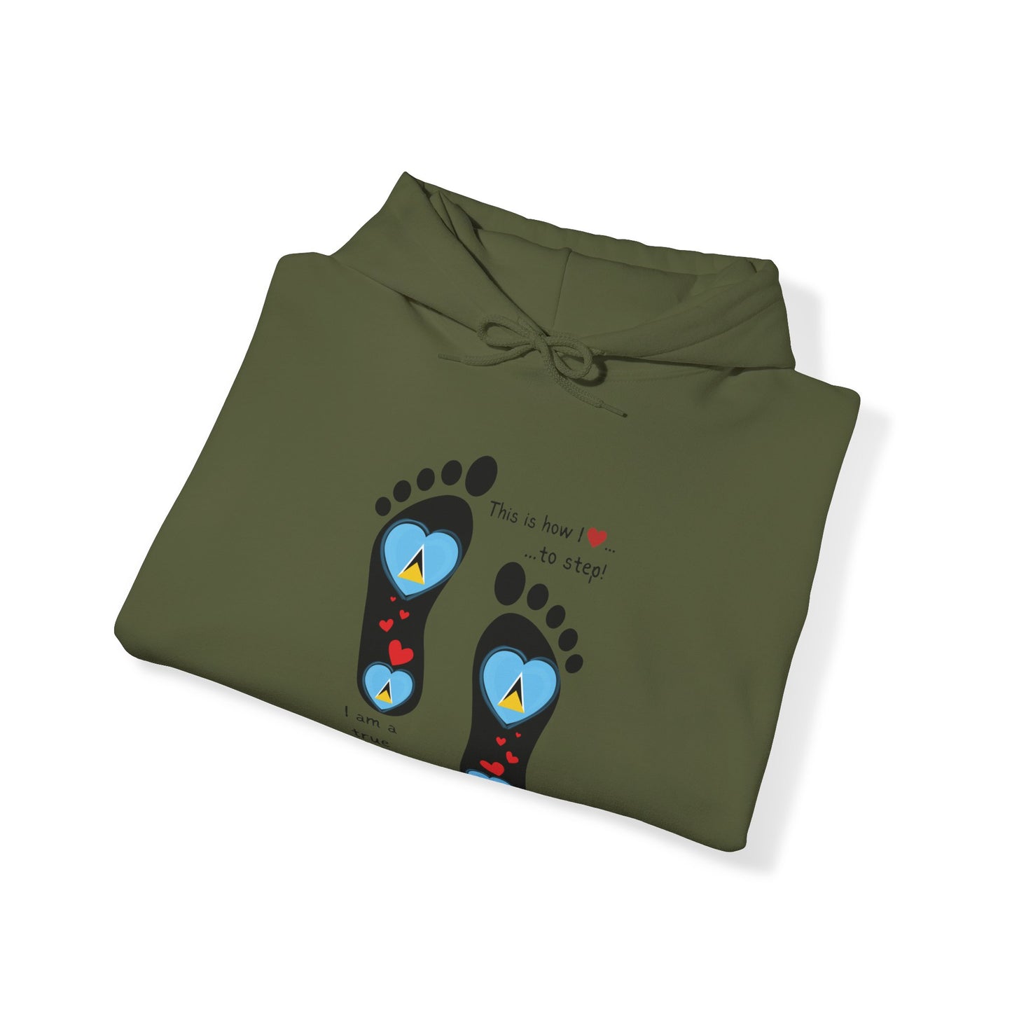 Elevate Your Style with LoveJustJules's St. Lucian Heart-Shaped Flag in Footsteps Hooded Sweatshirt.