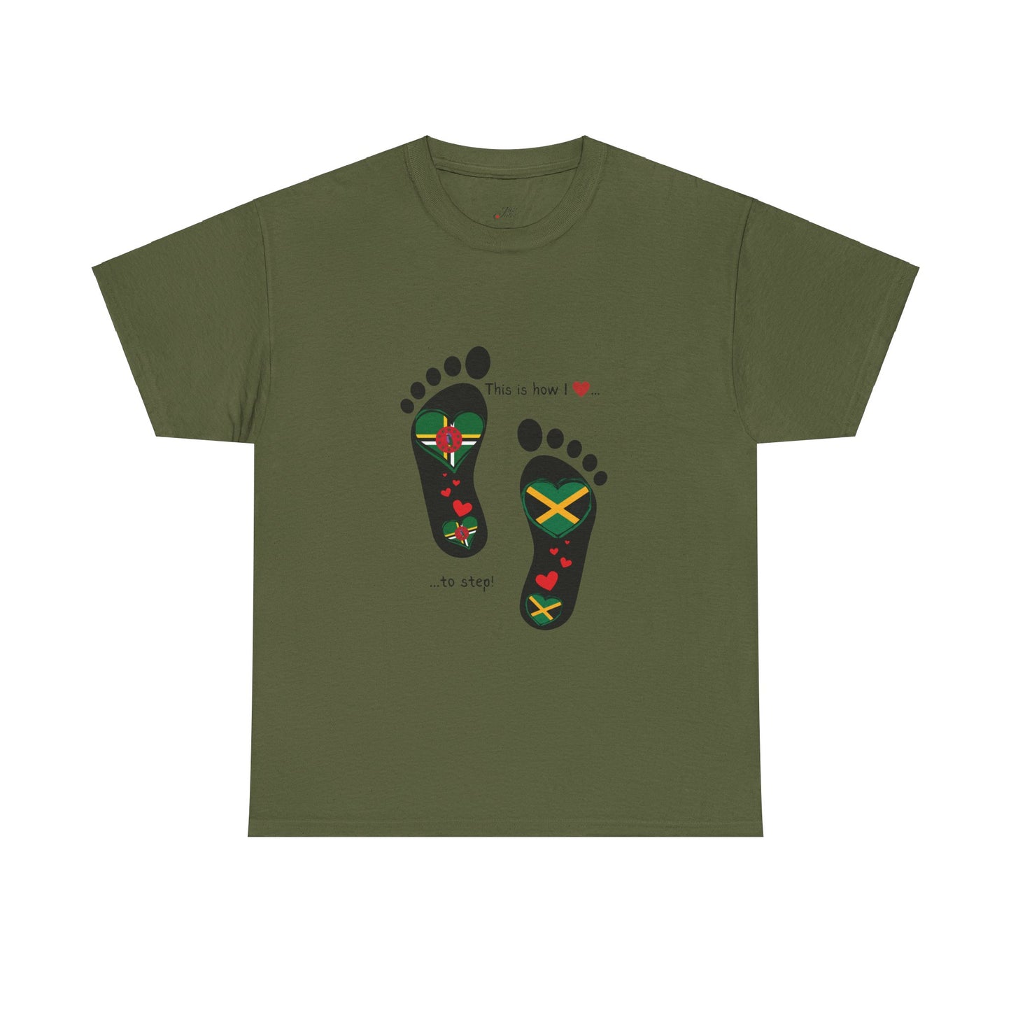 Jamaica & Dominica Flag in Footsteps Tee: Unique Unisex Soft style tee-Shirt for Dual Heritage Pride! Island Flag Fusion Apparel