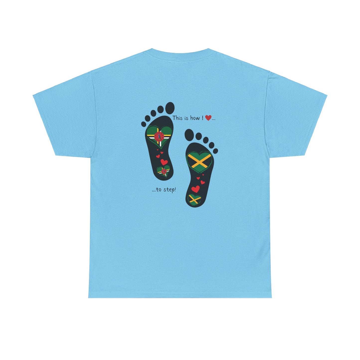 Jamaica & Dominica Flag in Footsteps Tee: Unique Unisex Soft style tee-Shirt for Dual Heritage Pride! Island Flag Fusion Apparel