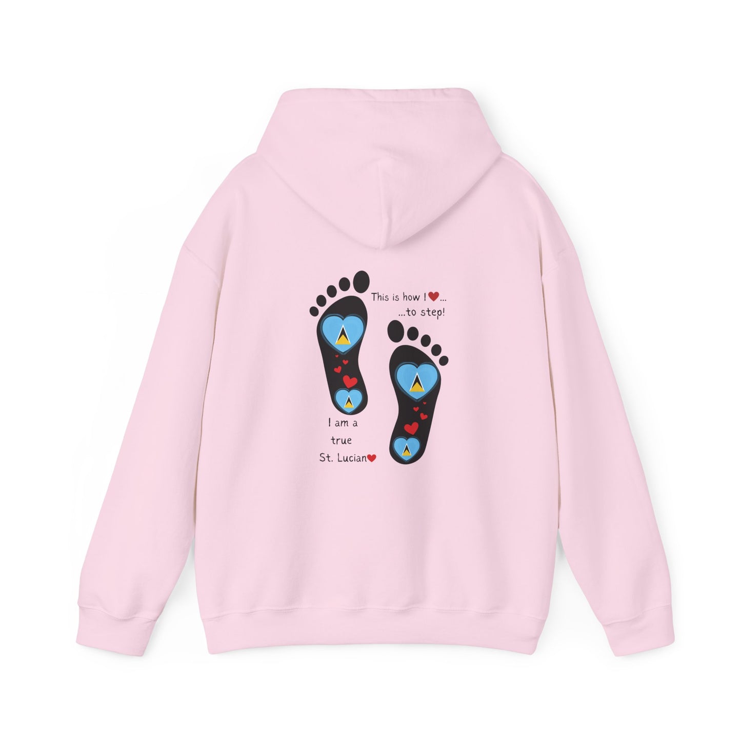 Elevate Your Style with LoveJustJules's St. Lucian Heart-Shaped Flag in Footsteps Hooded Sweatshirt.