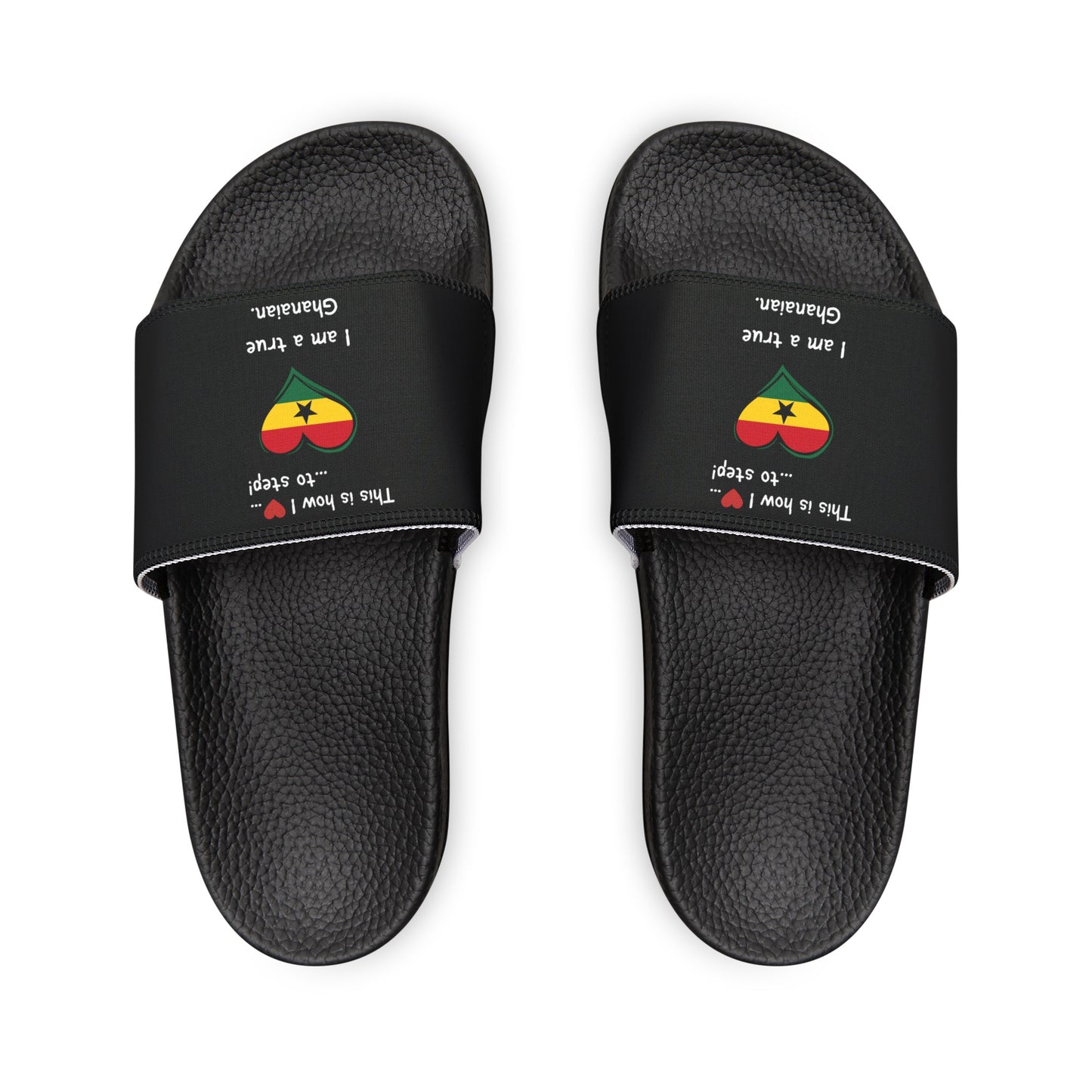 Women's PU Slide Sandals - Step into the vibrant culture of Ghana with our Heart-shaped flag slider footwear from LoveJustJules!