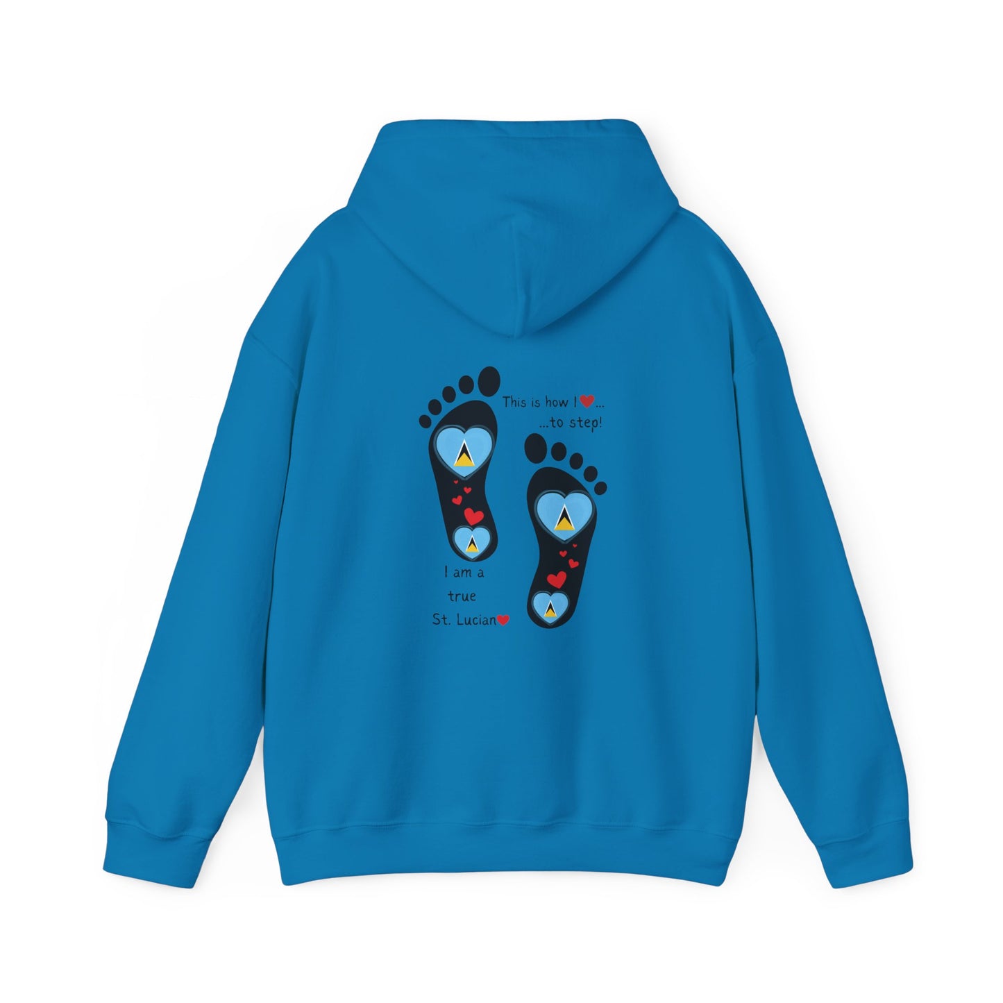 Elevate Your Style with LoveJustJules's St. Lucian Heart-Shaped Flag in Footsteps Hooded Sweatshirt.