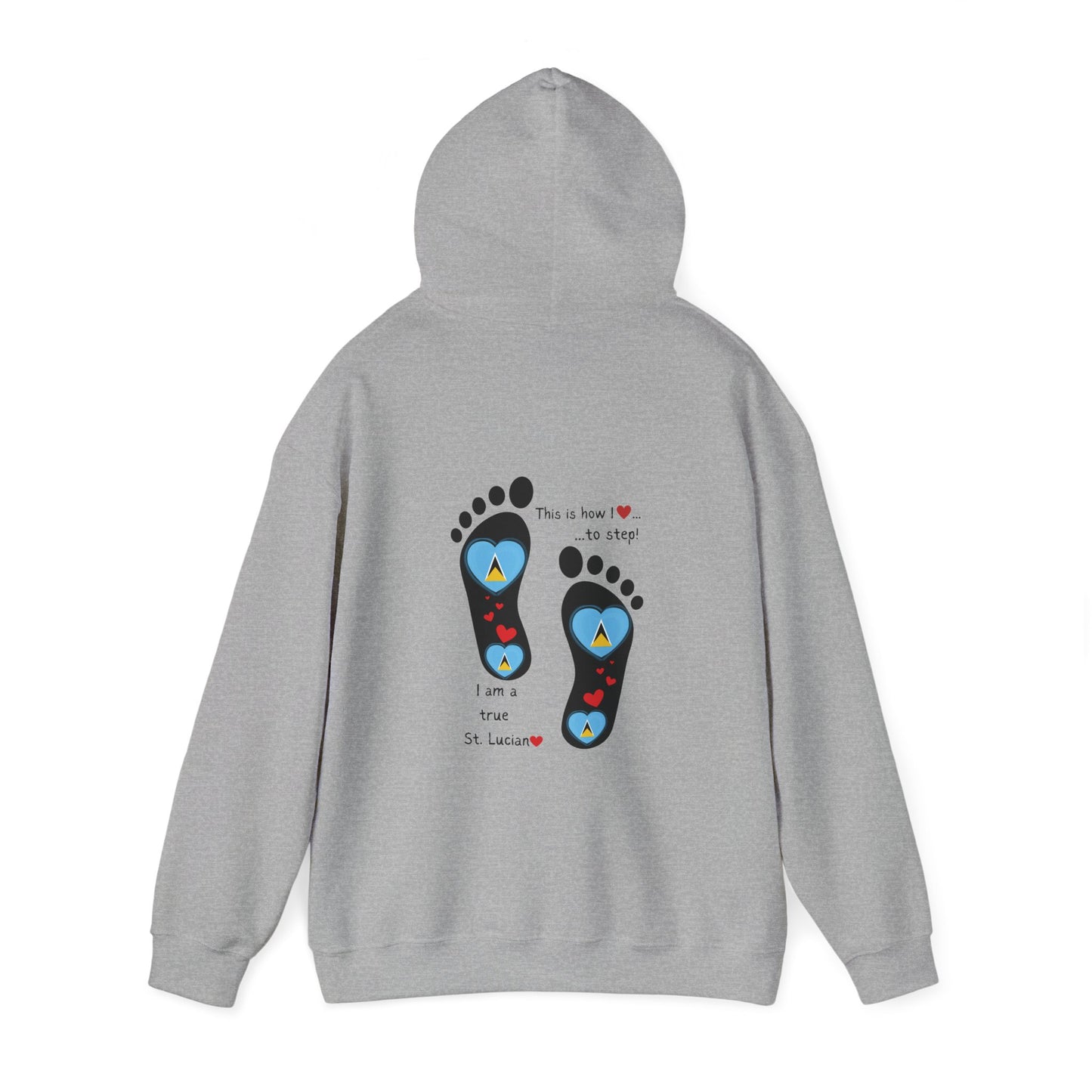 Elevate Your Style with LoveJustJules's St. Lucian Heart-Shaped Flag in Footsteps Hooded Sweatshirt.