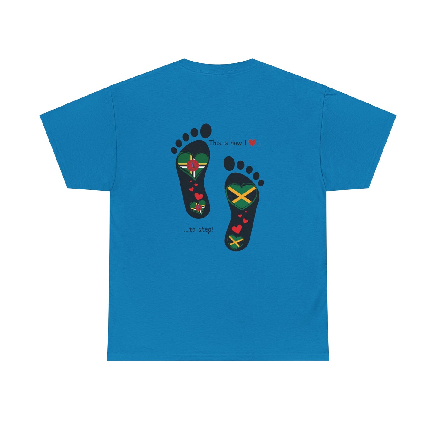 Jamaica & Dominica Flag in Footsteps Tee: Unique Unisex Soft style tee-Shirt for Dual Heritage Pride! Island Flag Fusion Apparel