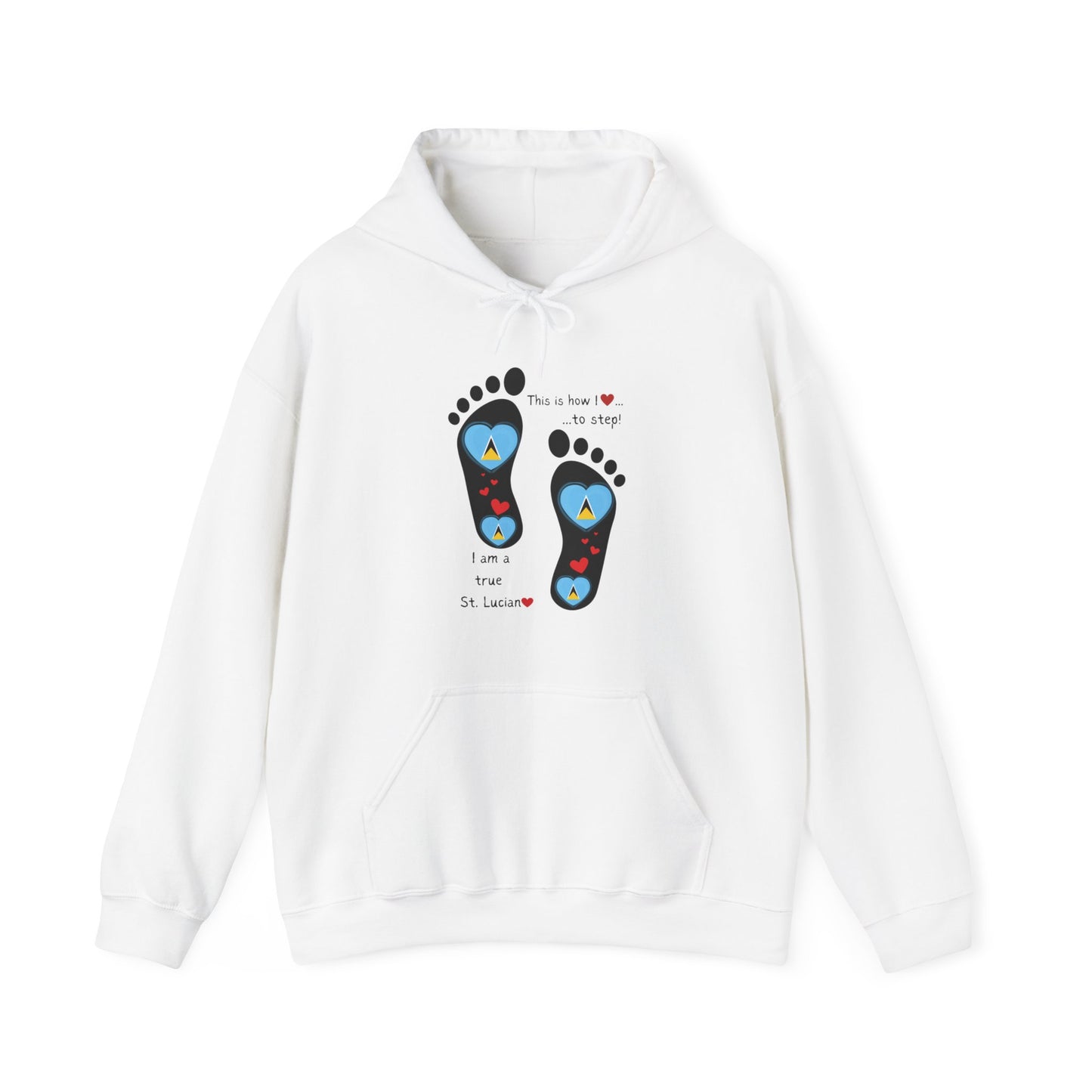 Elevate Your Style with LoveJustJules's St. Lucian Heart-Shaped Flag in Footsteps Hooded Sweatshirt.