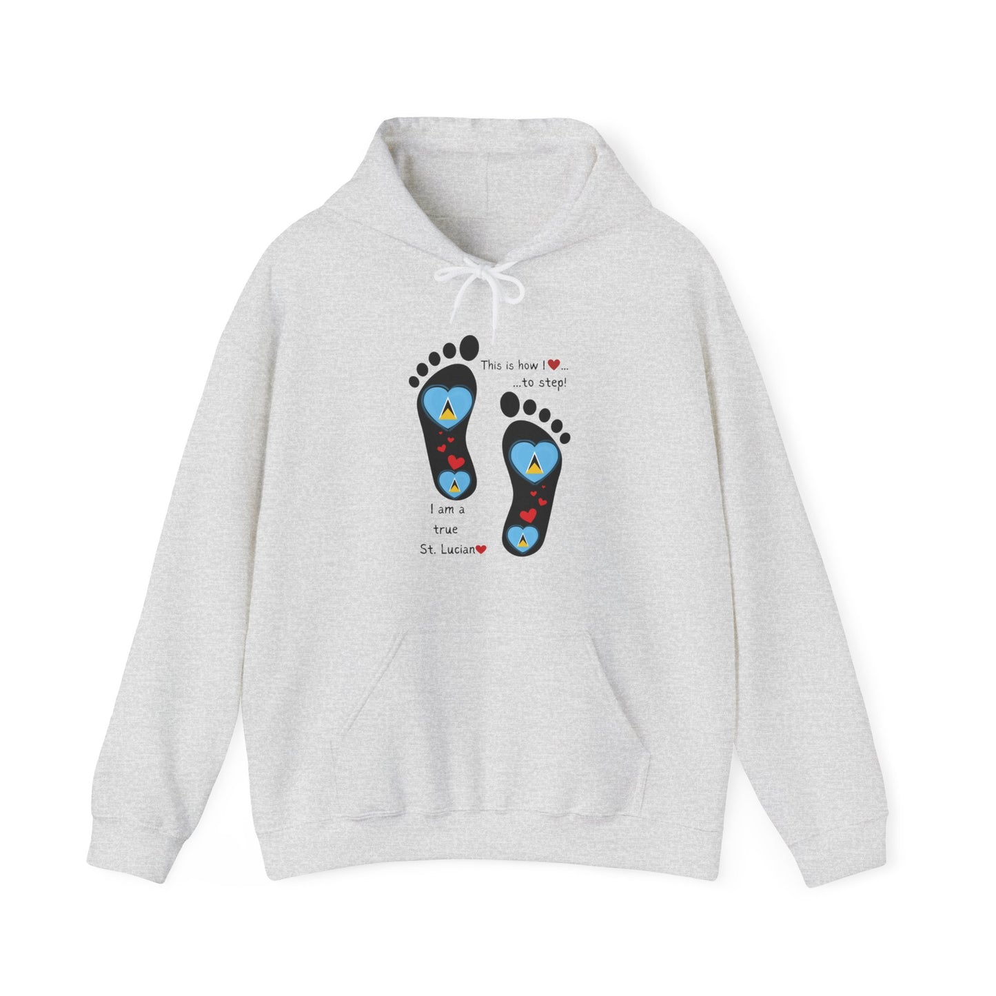 Elevate Your Style with LoveJustJules's St. Lucian Heart-Shaped Flag in Footsteps Hooded Sweatshirt.