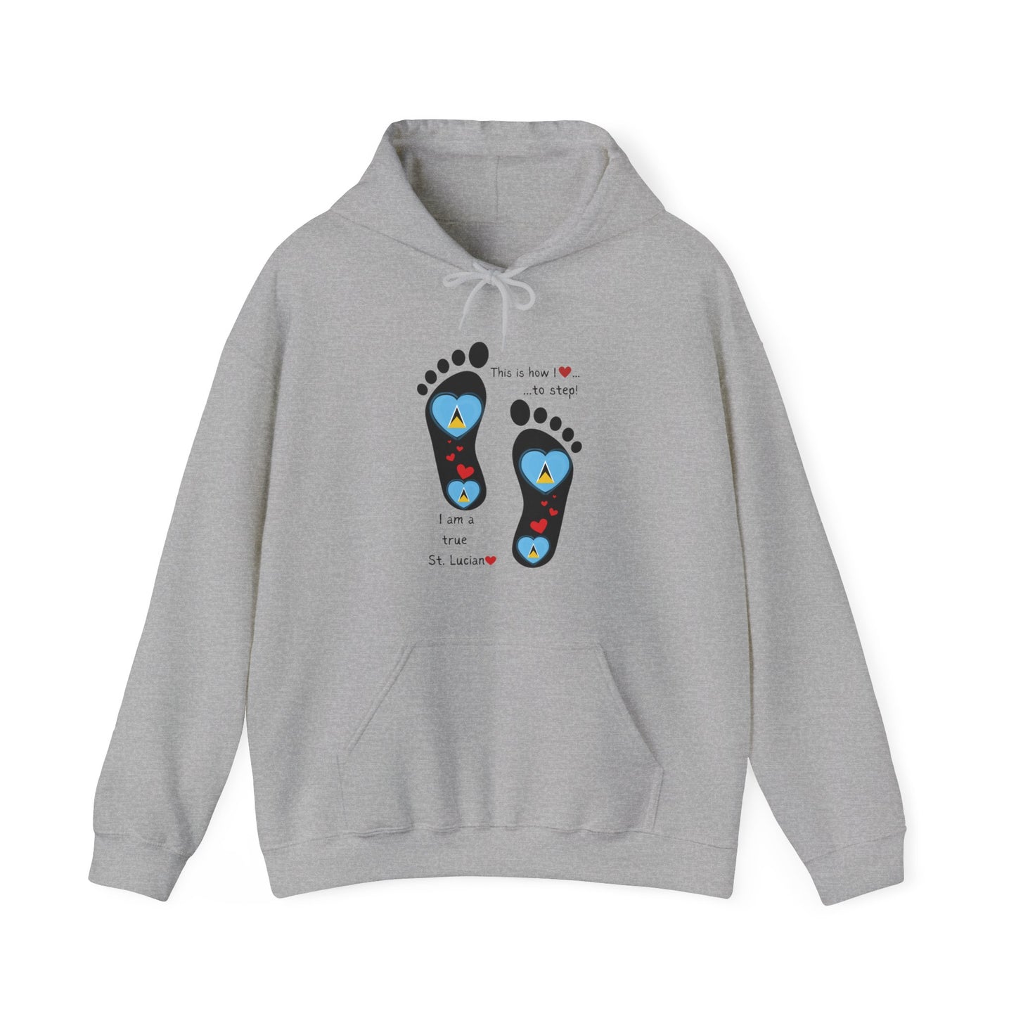 Elevate Your Style with LoveJustJules's St. Lucian Heart-Shaped Flag in Footsteps Hooded Sweatshirt.