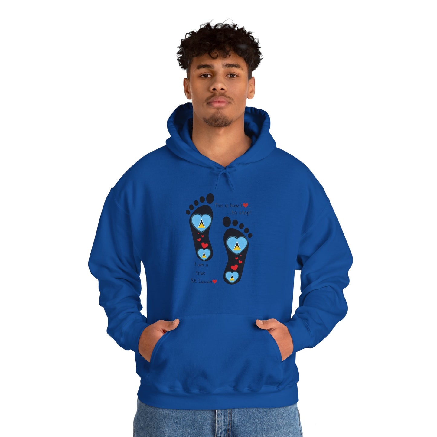 Elevate Your Style with LoveJustJules's St. Lucian Heart-Shaped Flag in Footsteps Hooded Sweatshirt.