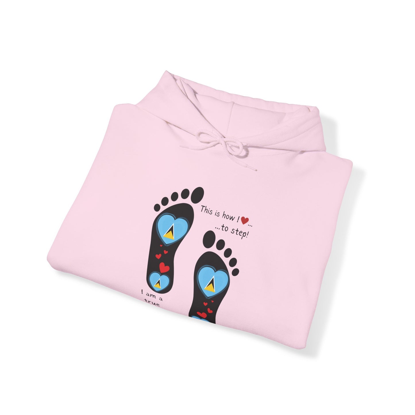 Elevate Your Style with LoveJustJules's St. Lucian Heart-Shaped Flag in Footsteps Hooded Sweatshirt.