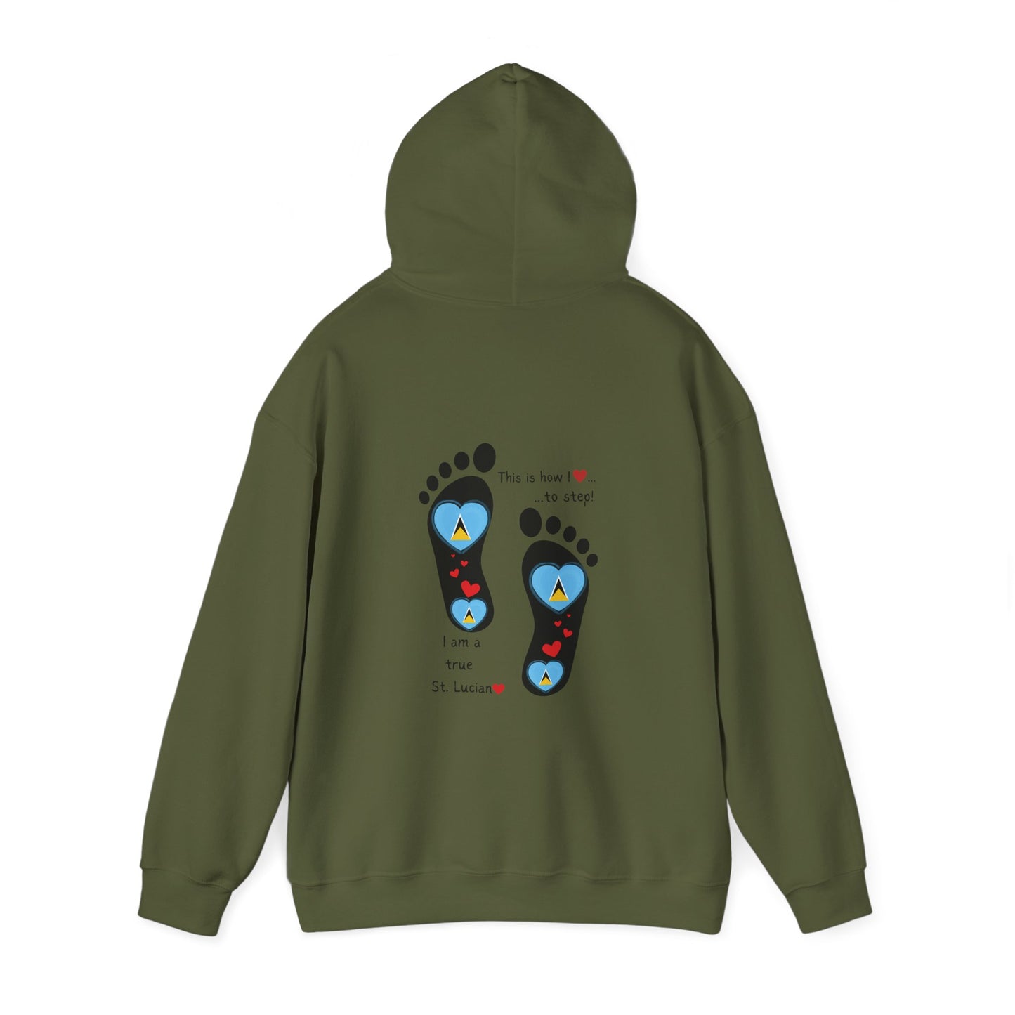 Elevate Your Style with LoveJustJules's St. Lucian Heart-Shaped Flag in Footsteps Hooded Sweatshirt.