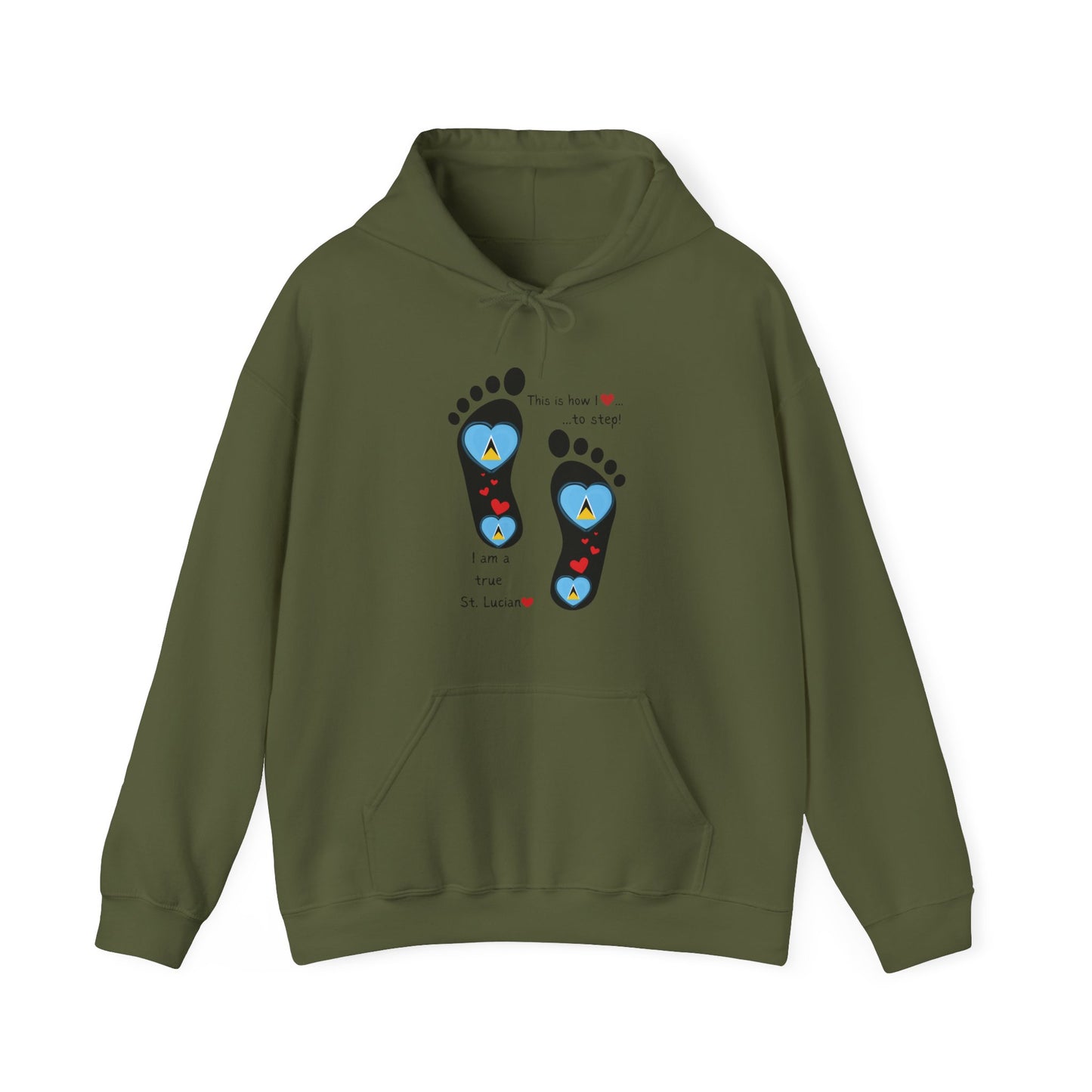 Elevate Your Style with LoveJustJules's St. Lucian Heart-Shaped Flag in Footsteps Hooded Sweatshirt.
