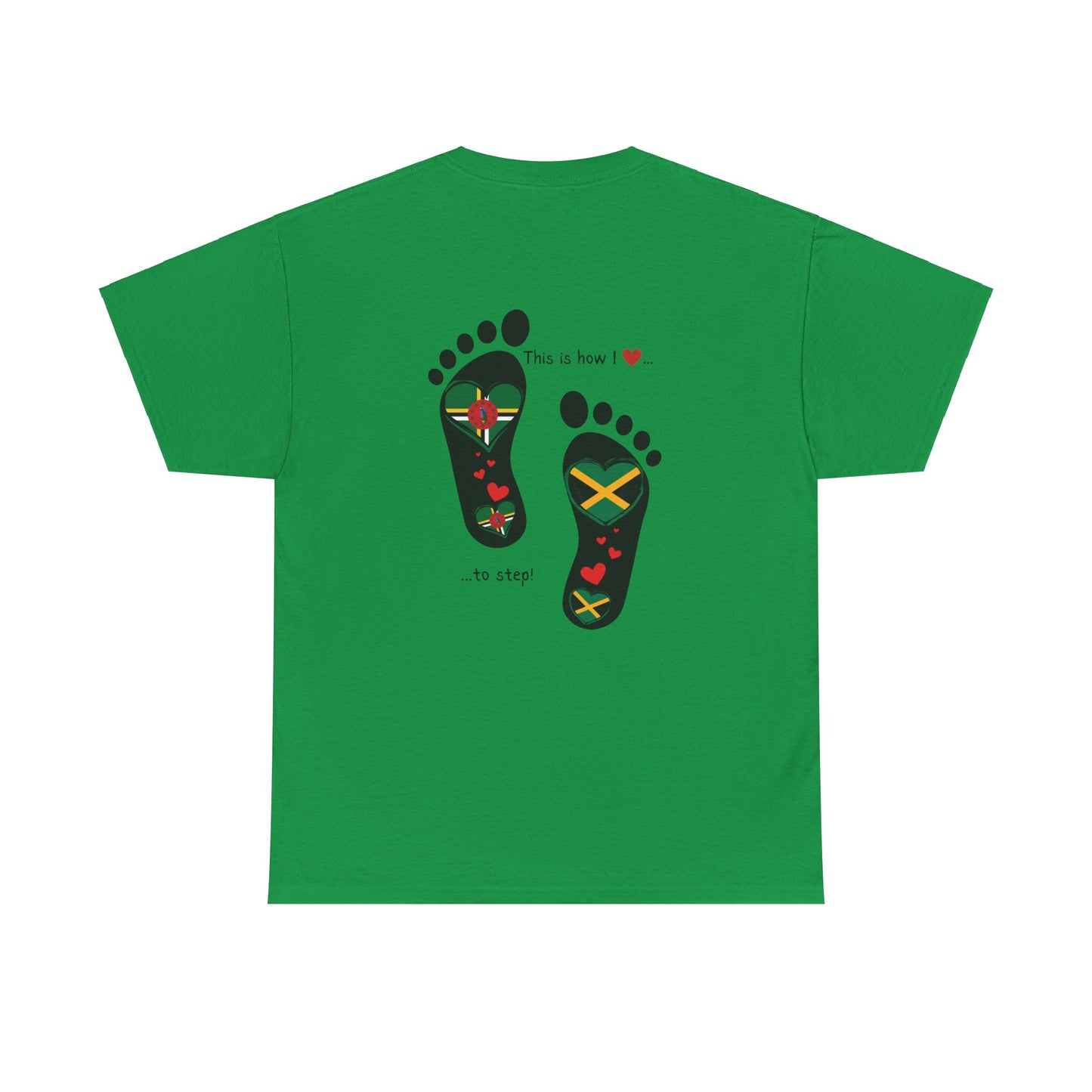 Jamaica & Dominica Flag in Footsteps Tee: Unique Unisex Soft style tee-Shirt for Dual Heritage Pride! Island Flag Fusion Apparel