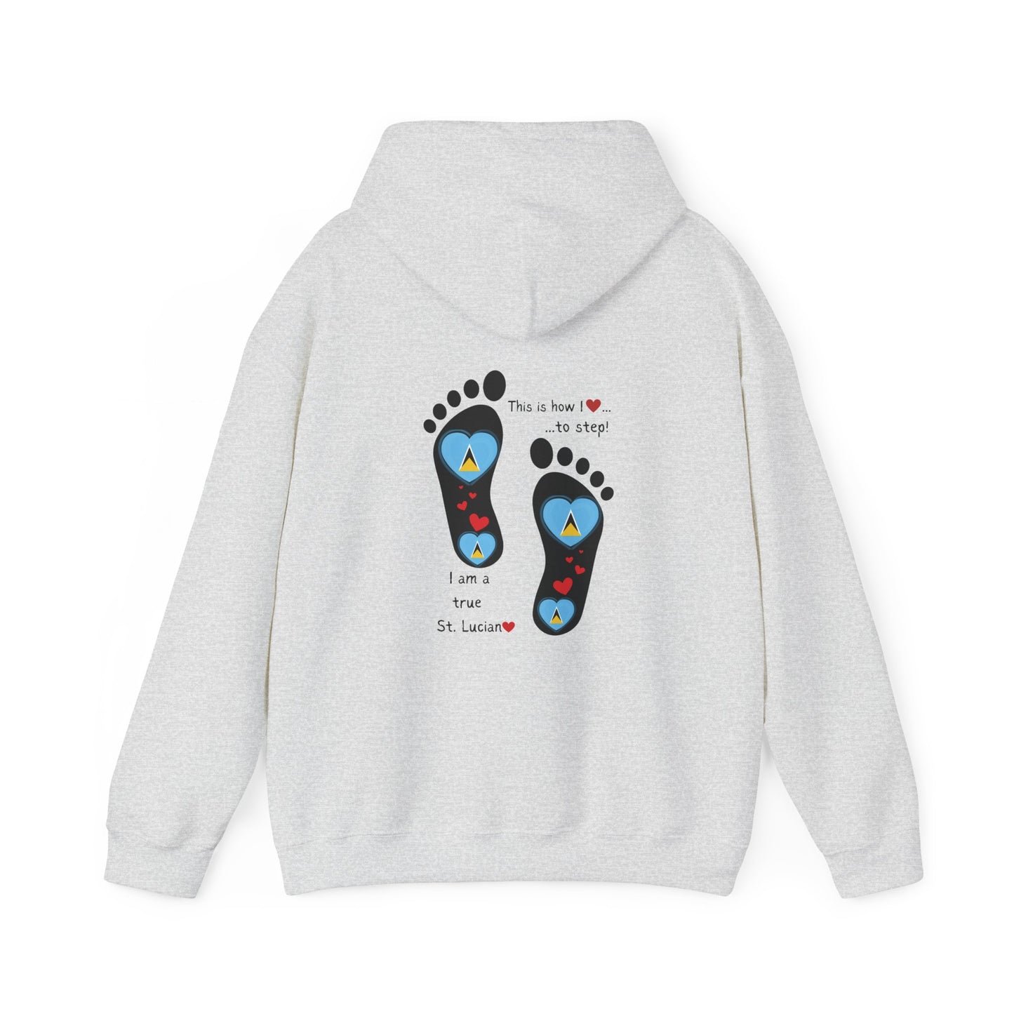 Elevate Your Style with LoveJustJules's St. Lucian Heart-Shaped Flag in Footsteps Hooded Sweatshirt.