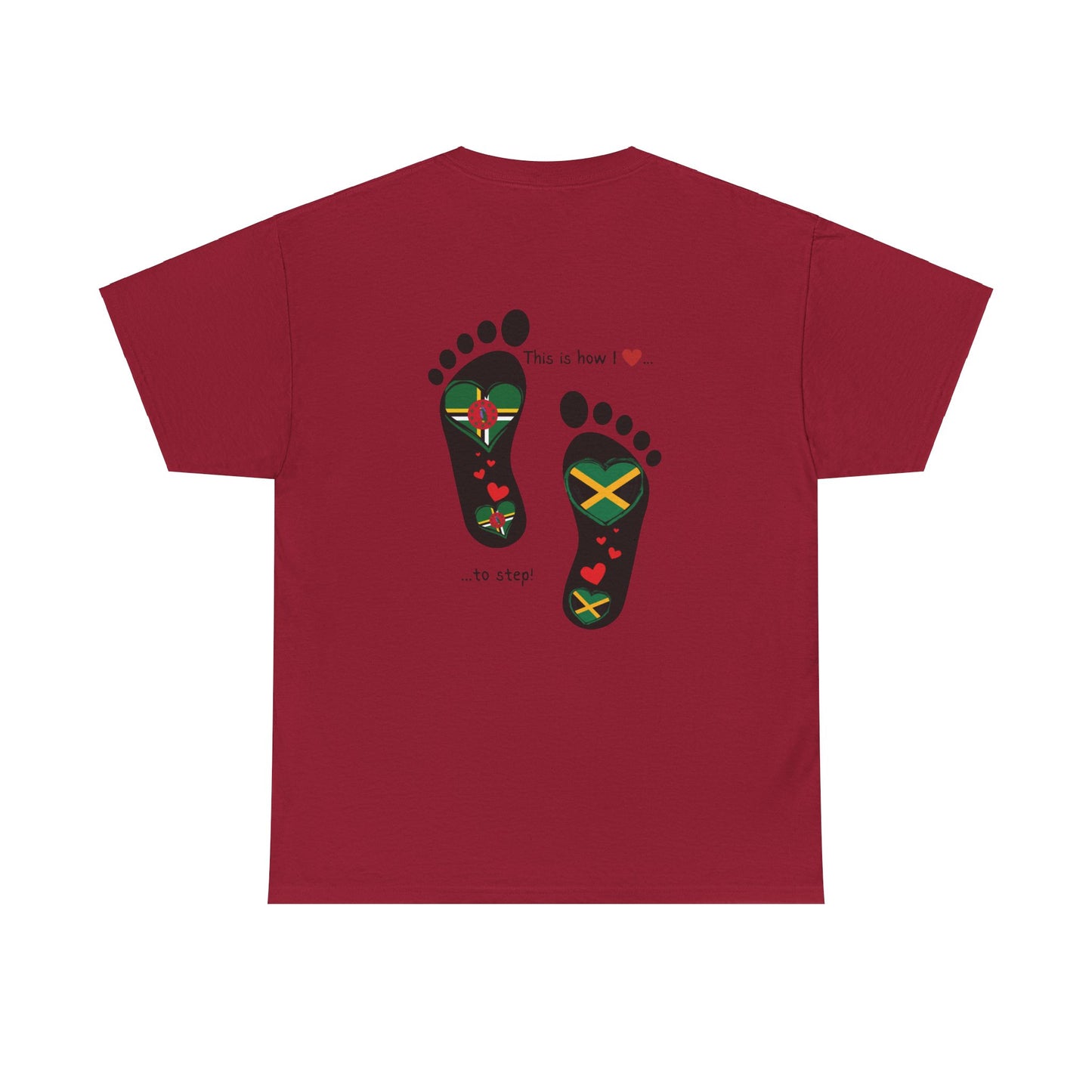 Jamaica & Dominica Flag in Footsteps Tee: Unique Unisex Soft style tee-Shirt for Dual Heritage Pride! Island Flag Fusion Apparel