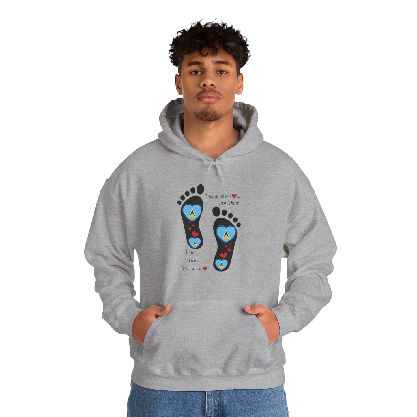 Elevate Your Style with LoveJustJules's St. Lucian Heart-Shaped Flag in Footsteps Hooded Sweatshirt.