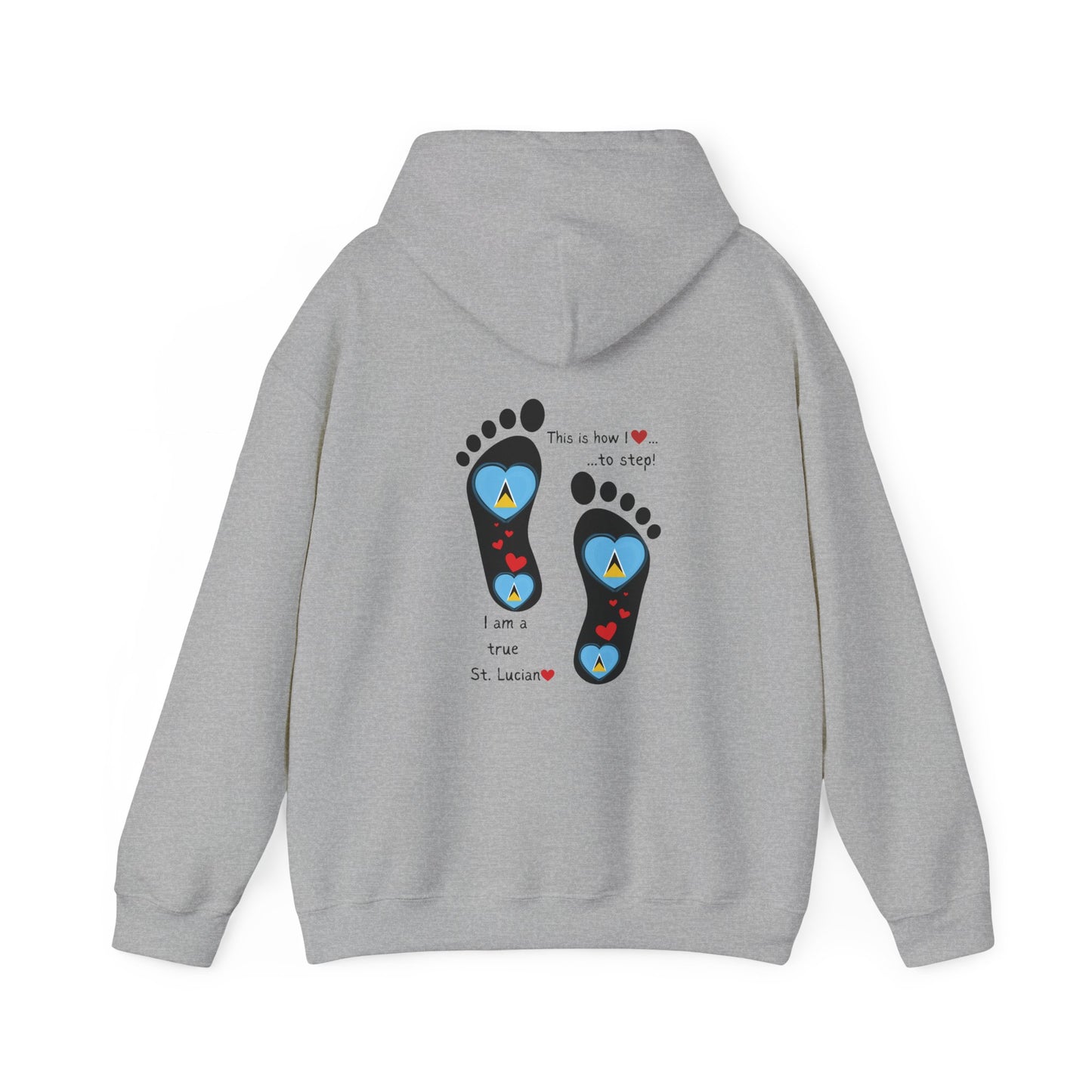 Elevate Your Style with LoveJustJules's St. Lucian Heart-Shaped Flag in Footsteps Hooded Sweatshirt.