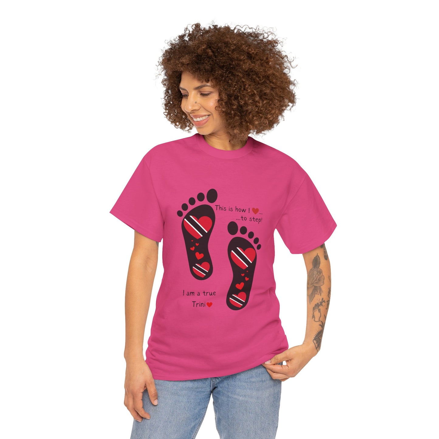 Introducing LoveJustJules's Exclusive Trinidad & Tobago Heart-Shaped Flags Footprint Tee - Trini flags in footprints. Gift Idea.