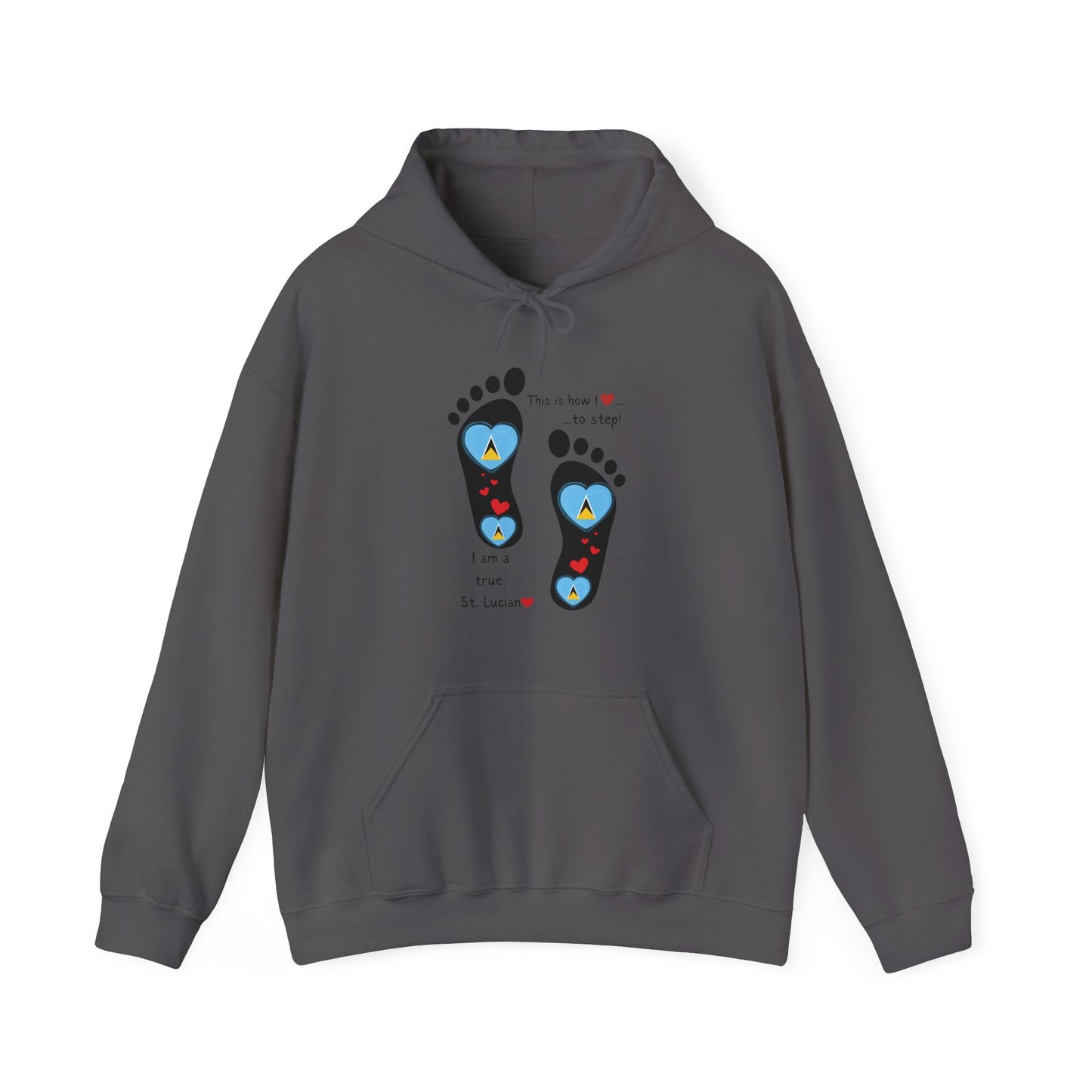 Elevate Your Style with LoveJustJules's St. Lucian Heart-Shaped Flag in Footsteps Hooded Sweatshirt.