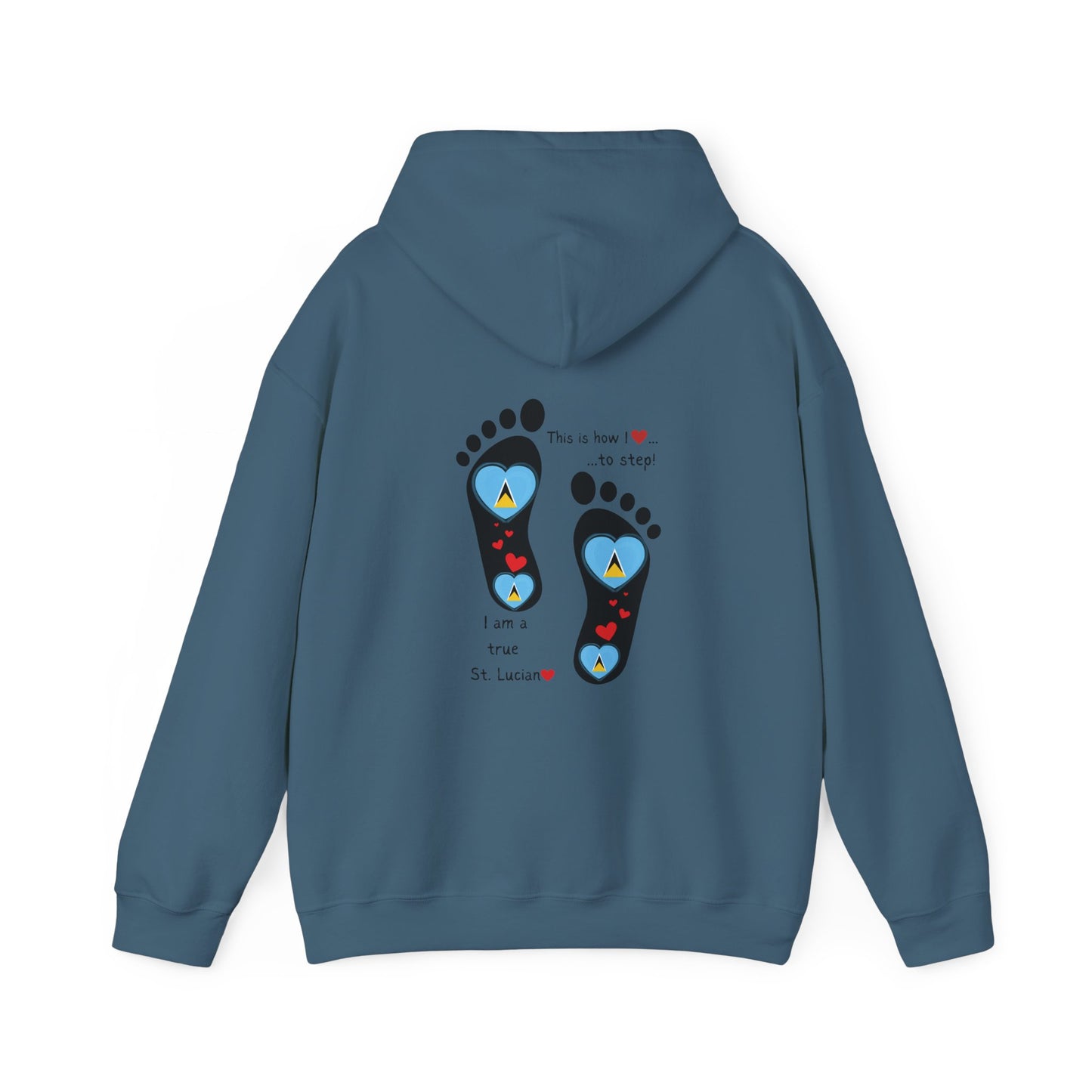 Elevate Your Style with LoveJustJules's St. Lucian Heart-Shaped Flag in Footsteps Hooded Sweatshirt.