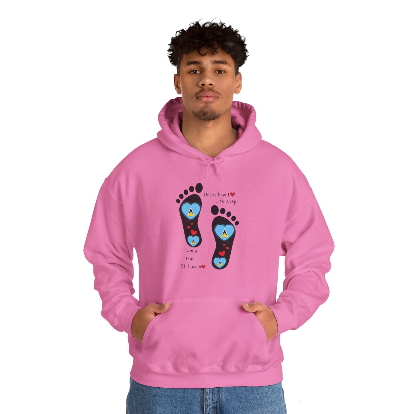 Elevate Your Style with LoveJustJules's St. Lucian Heart-Shaped Flag in Footsteps Hooded Sweatshirt.