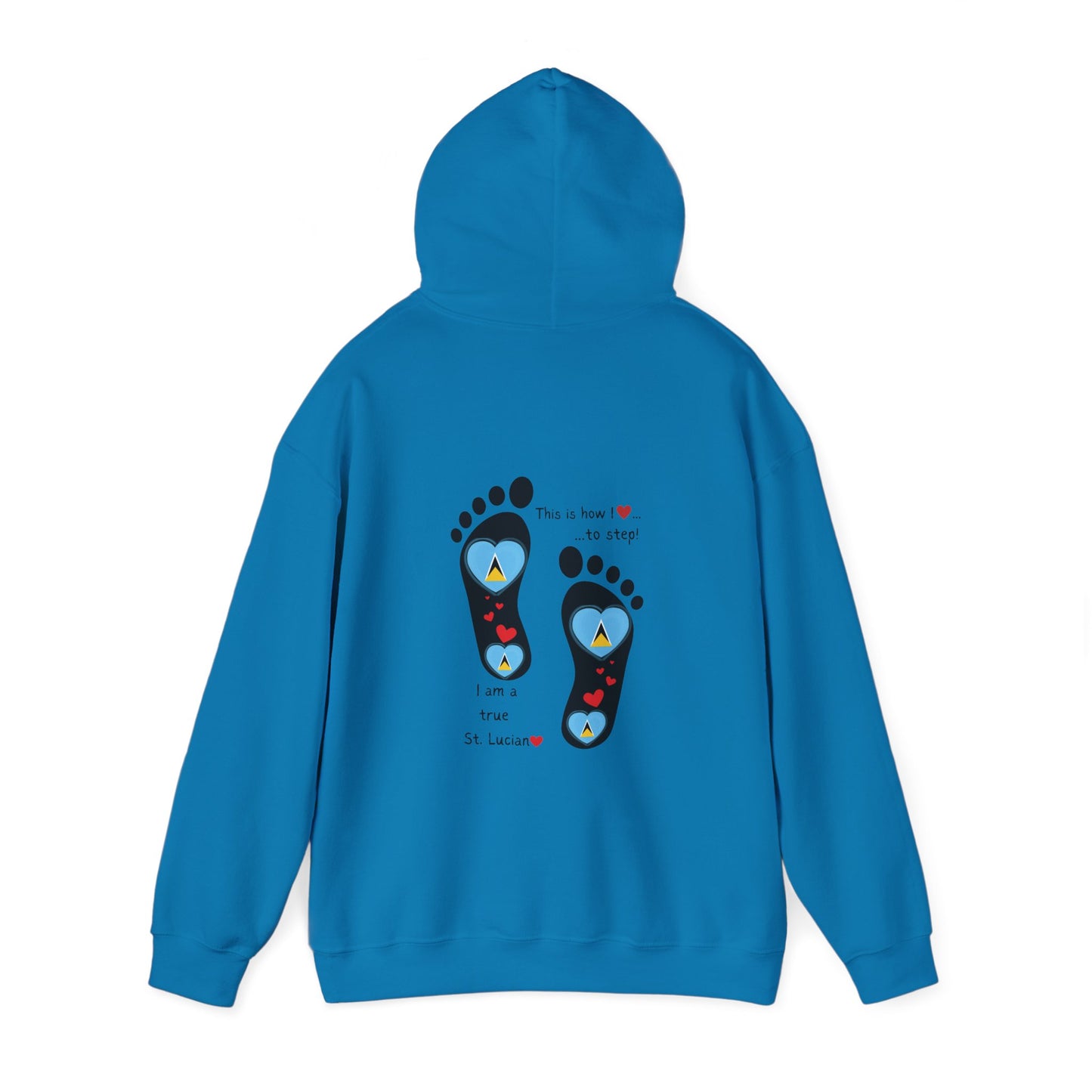 Elevate Your Style with LoveJustJules's St. Lucian Heart-Shaped Flag in Footsteps Hooded Sweatshirt.