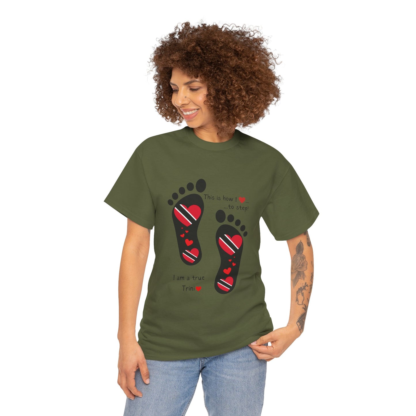 Introducing LoveJustJules's Exclusive Trinidad & Tobago Heart-Shaped Flags Footprint Tee - Trini flags in footprints. Gift Idea.