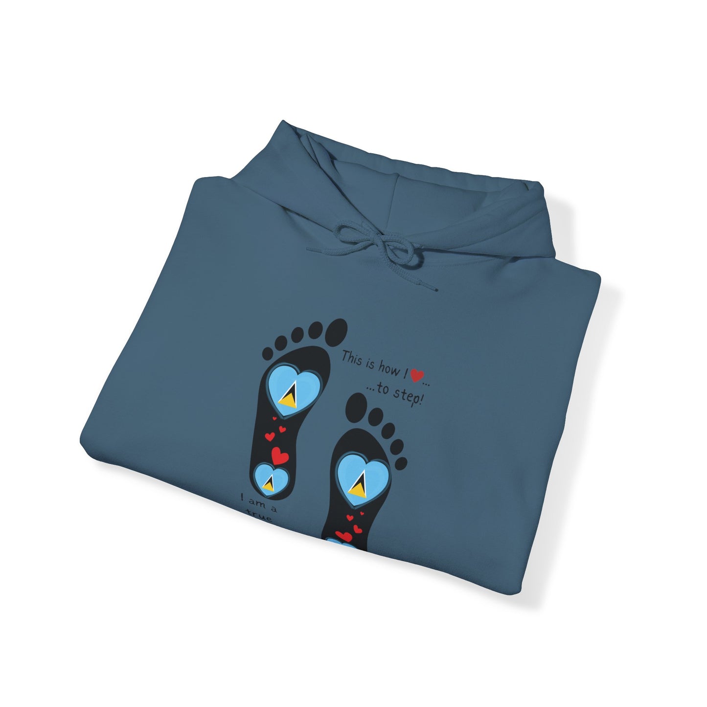 Elevate Your Style with LoveJustJules's St. Lucian Heart-Shaped Flag in Footsteps Hooded Sweatshirt.