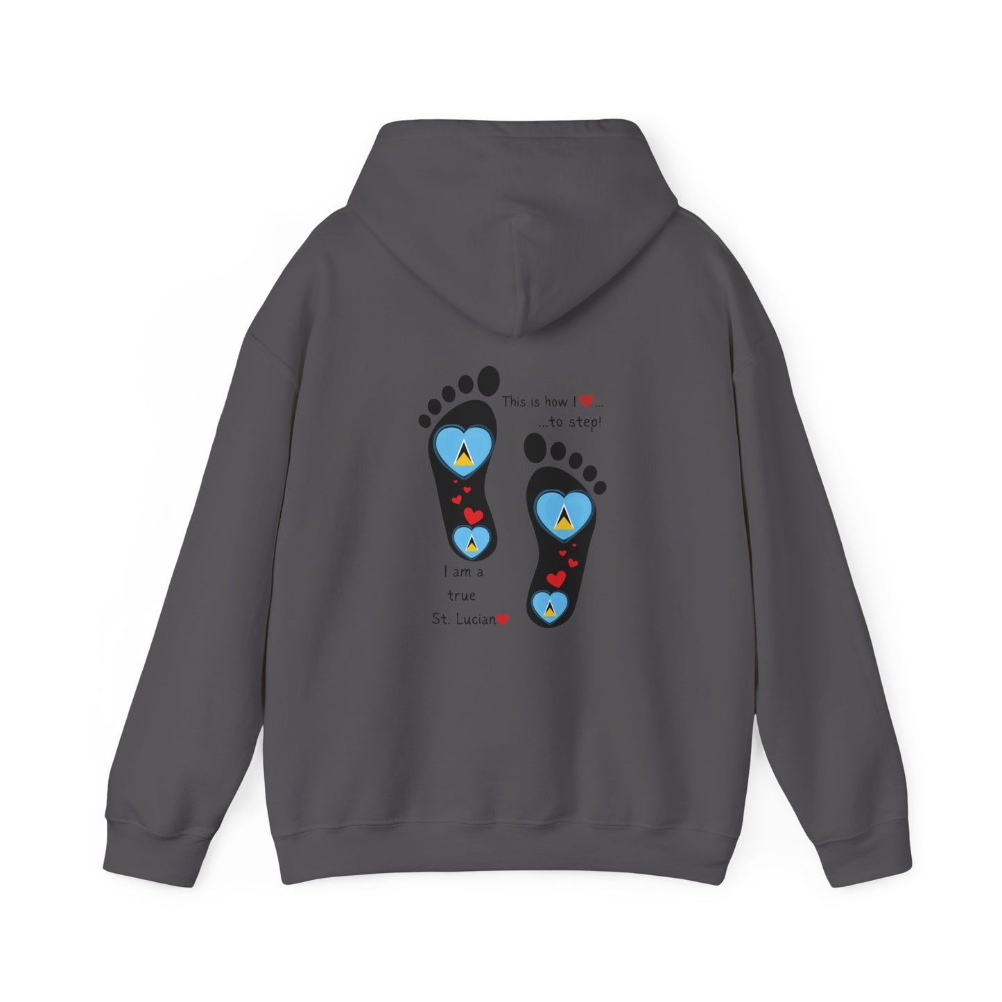 Elevate Your Style with LoveJustJules's St. Lucian Heart-Shaped Flag in Footsteps Hooded Sweatshirt.