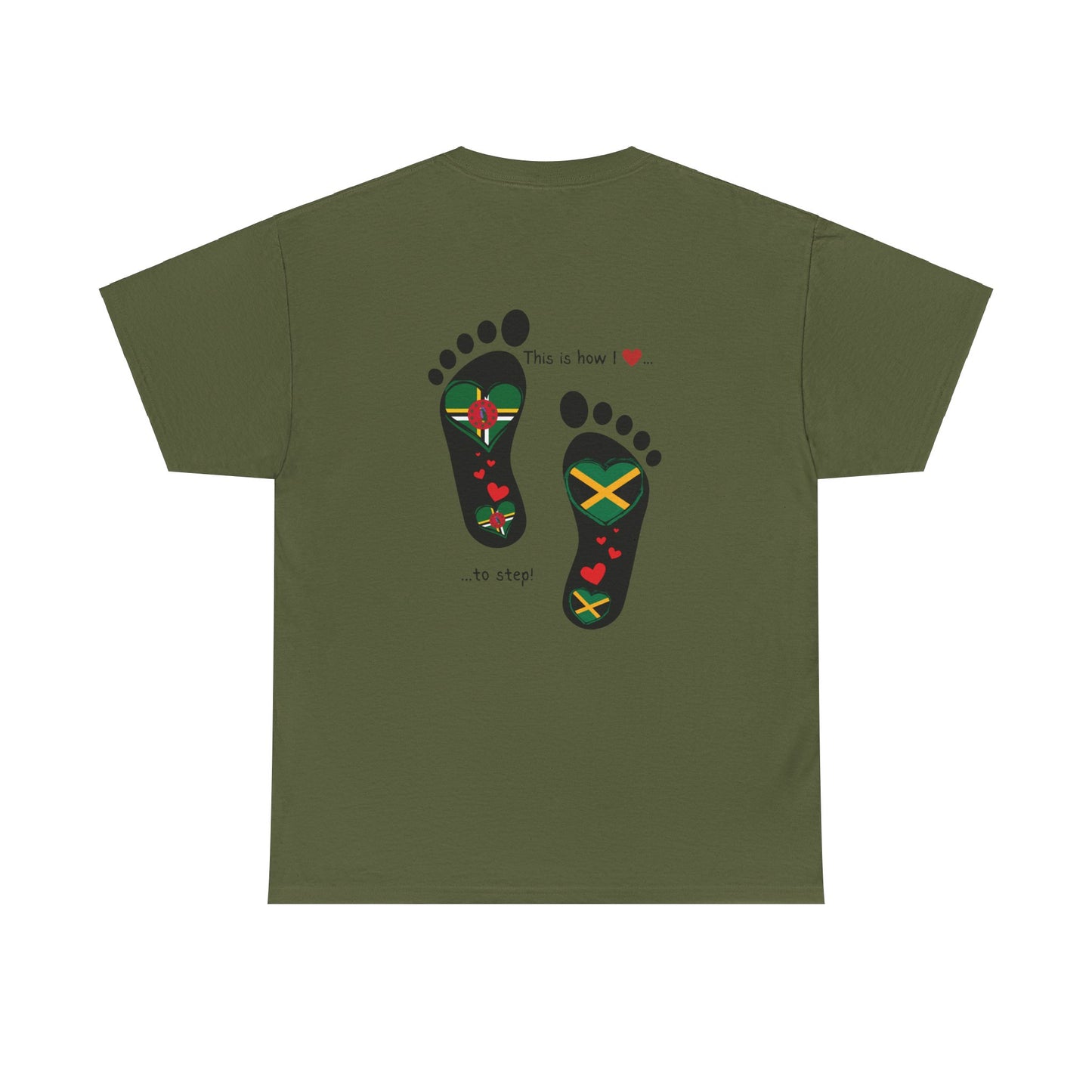 Jamaica & Dominica Flag in Footsteps Tee: Unique Unisex Soft style tee-Shirt for Dual Heritage Pride! Island Flag Fusion Apparel