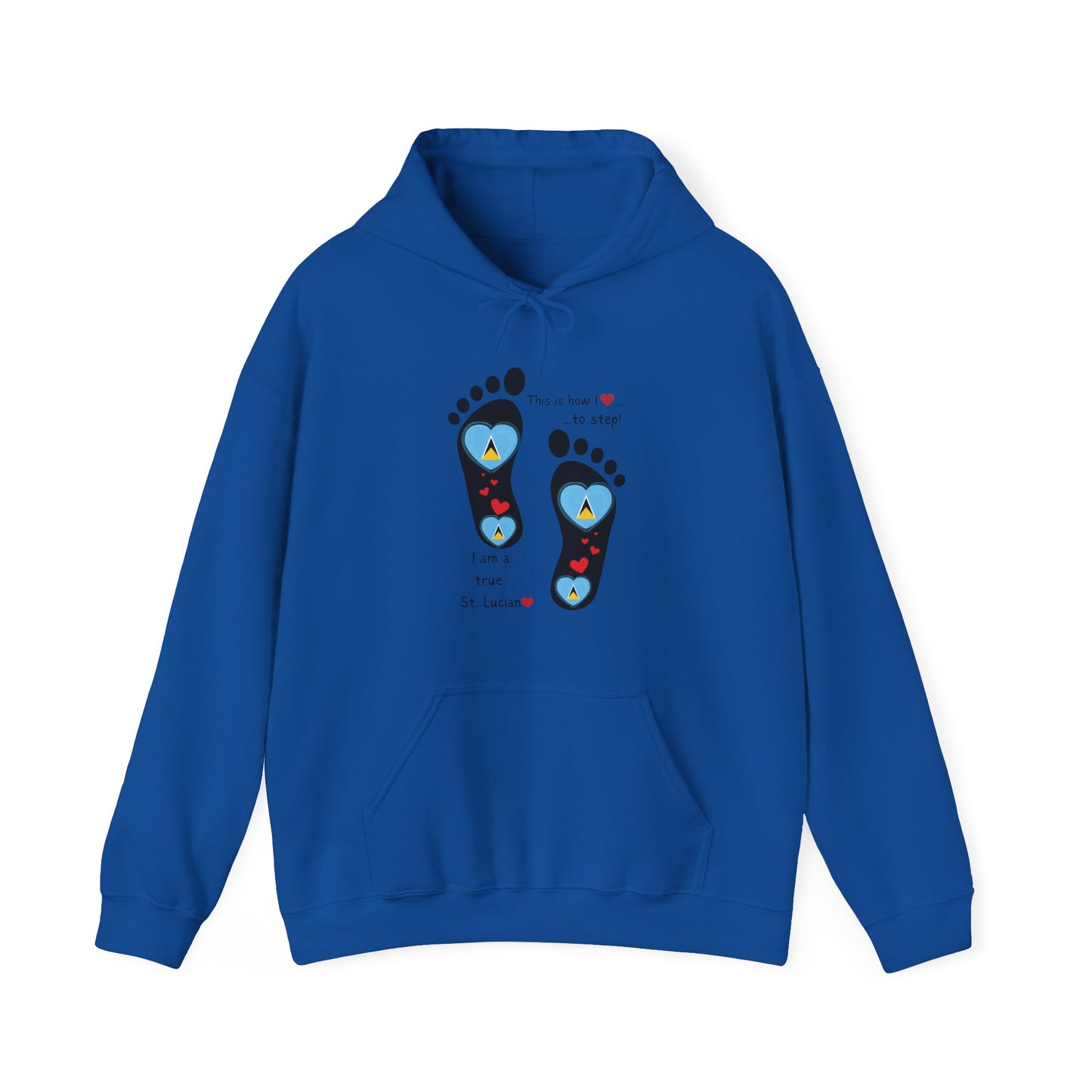 Elevate Your Style with LoveJustJules's St. Lucian Heart-Shaped Flag in Footsteps Hooded Sweatshirt.