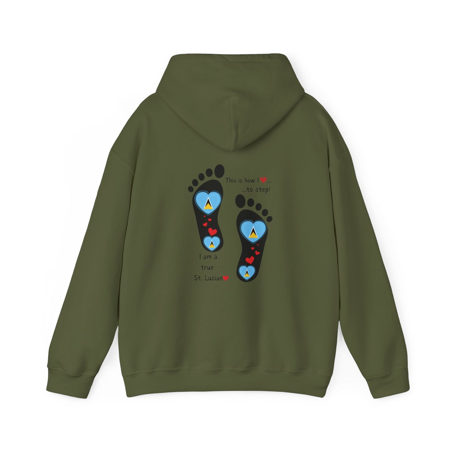 Elevate Your Style with LoveJustJules's St. Lucian Heart-Shaped Flag in Footsteps Hooded Sweatshirt.
