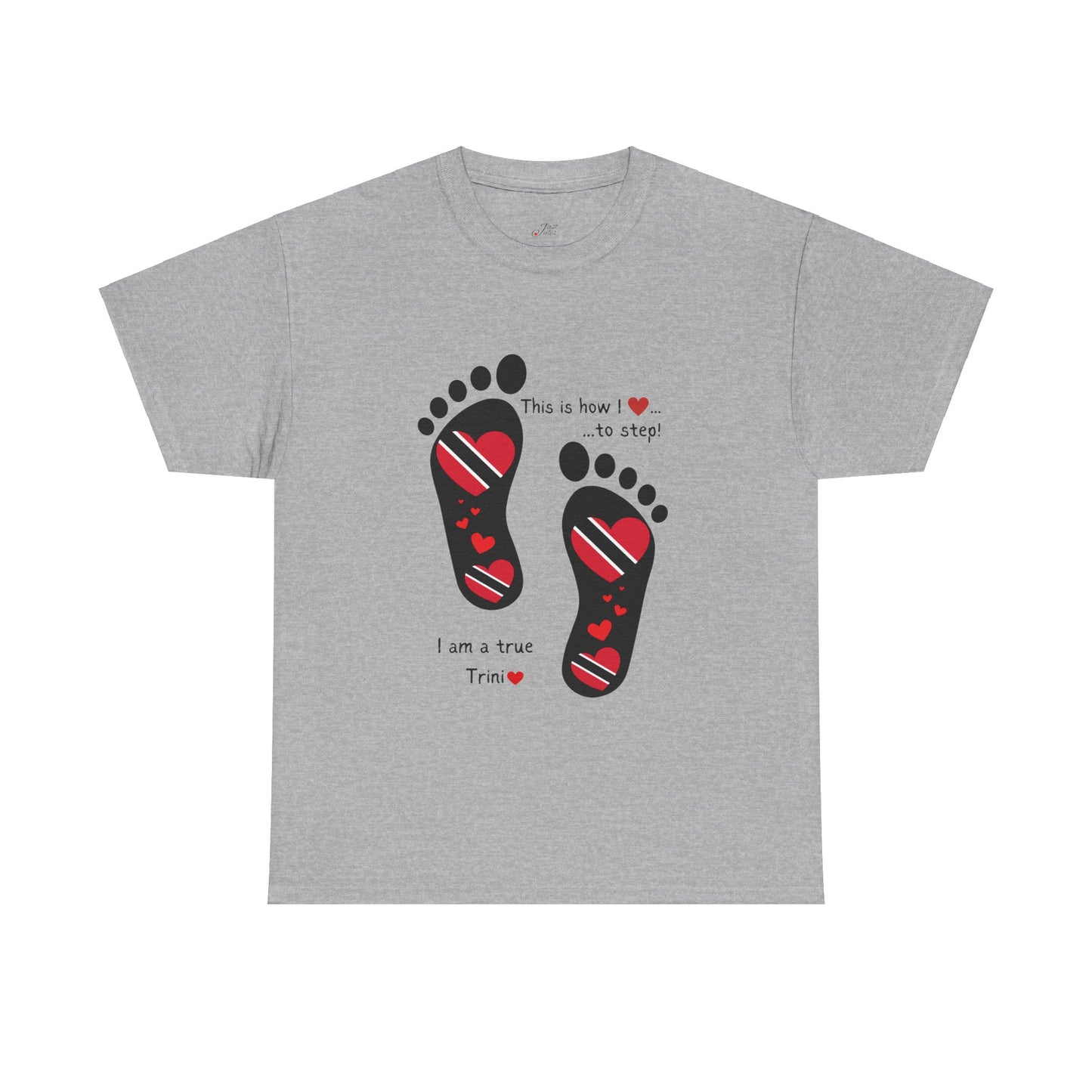 Introducing LoveJustJules's Exclusive Trinidad & Tobago Heart-Shaped Flags Footprint Tee - Trini flags in footprints. Gift Idea.