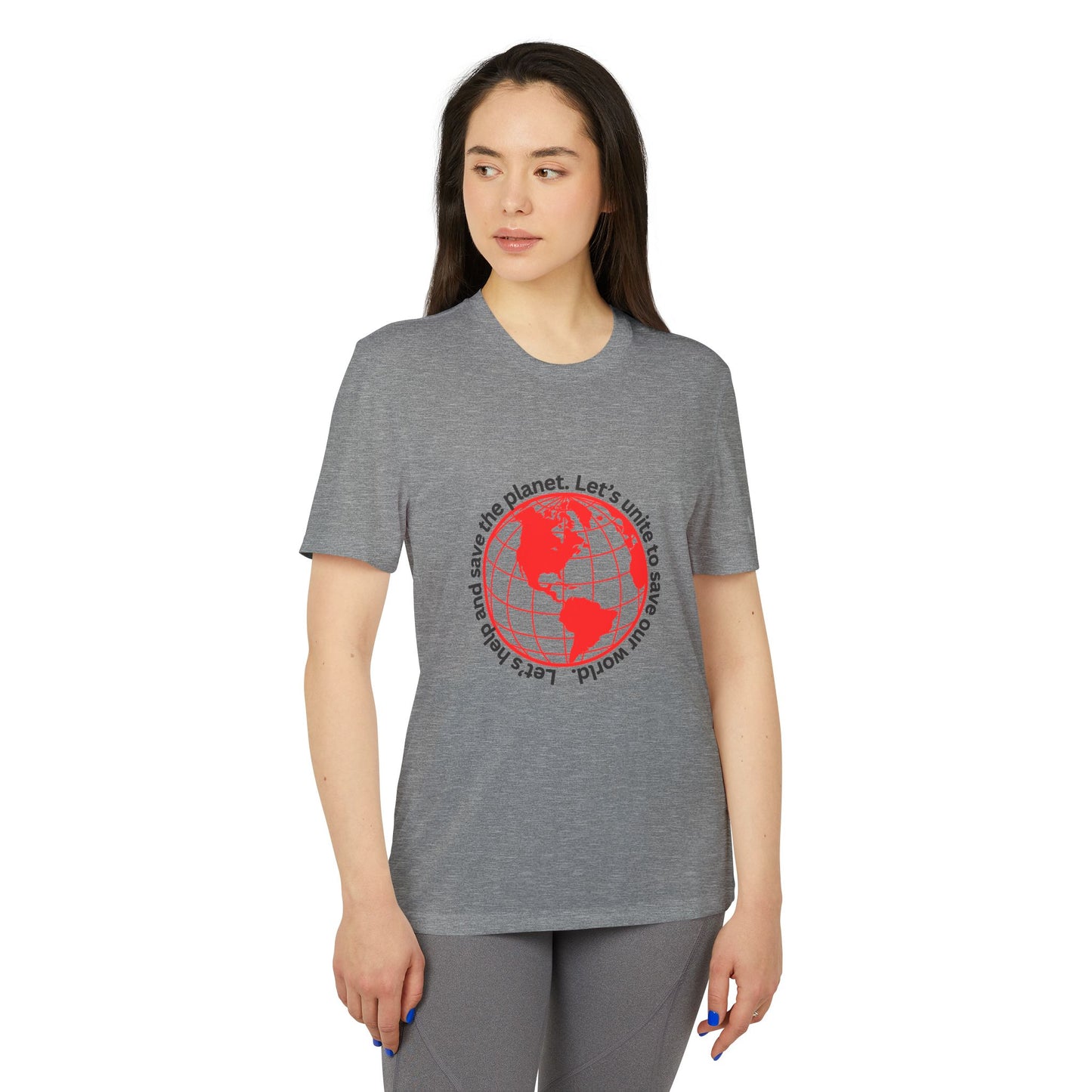 adidas® Unisex Sport T-shirt - Eco-Conscious-Message - Red Outlined World Tee -LoveJustJules - Custom-Designed Apparel