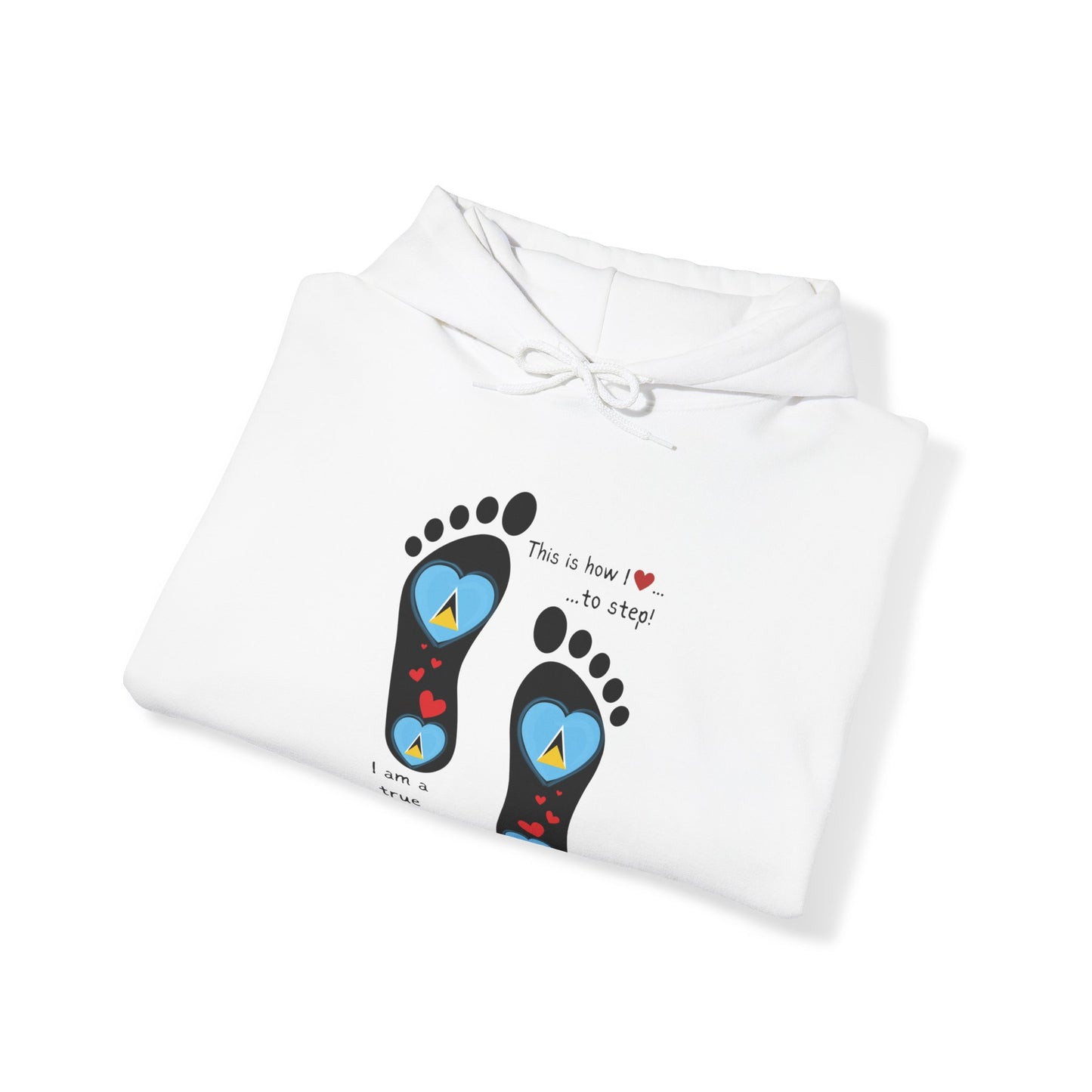 Elevate Your Style with LoveJustJules's St. Lucian Heart-Shaped Flag in Footsteps Hooded Sweatshirt.
