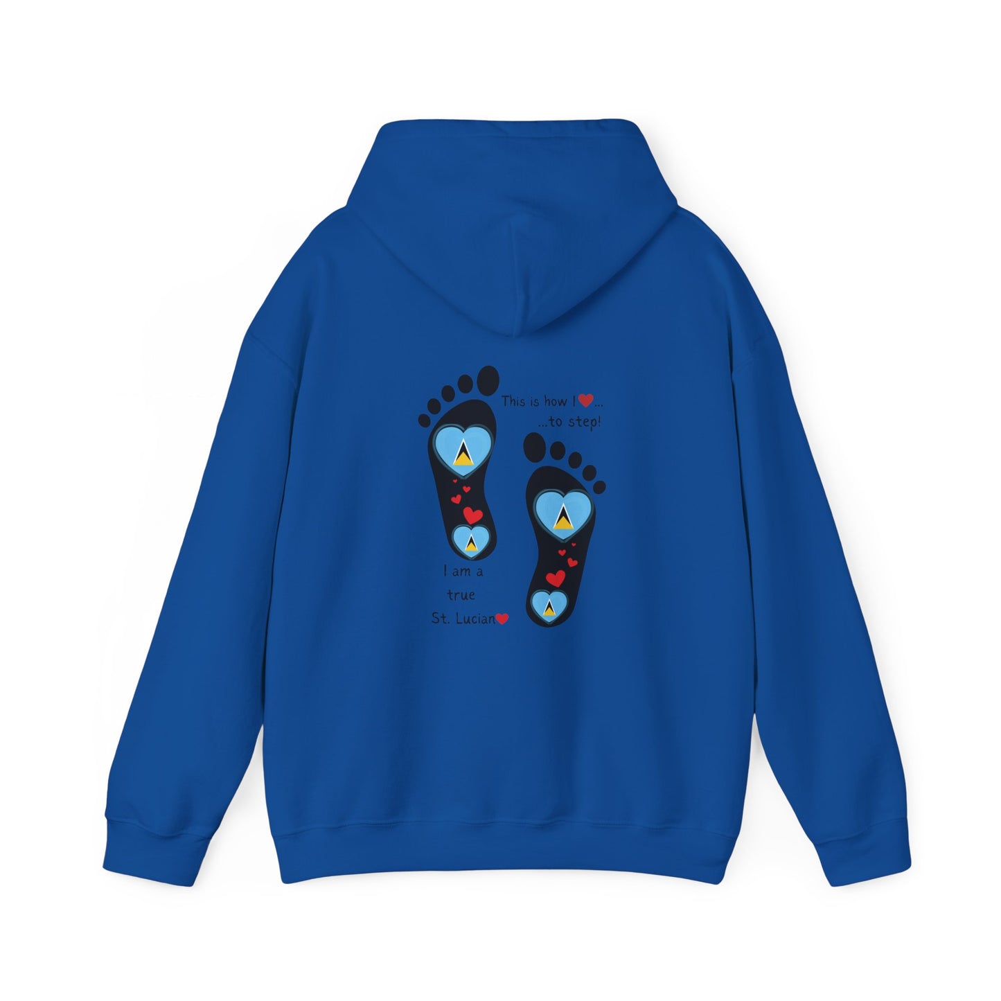 Elevate Your Style with LoveJustJules's St. Lucian Heart-Shaped Flag in Footsteps Hooded Sweatshirt.