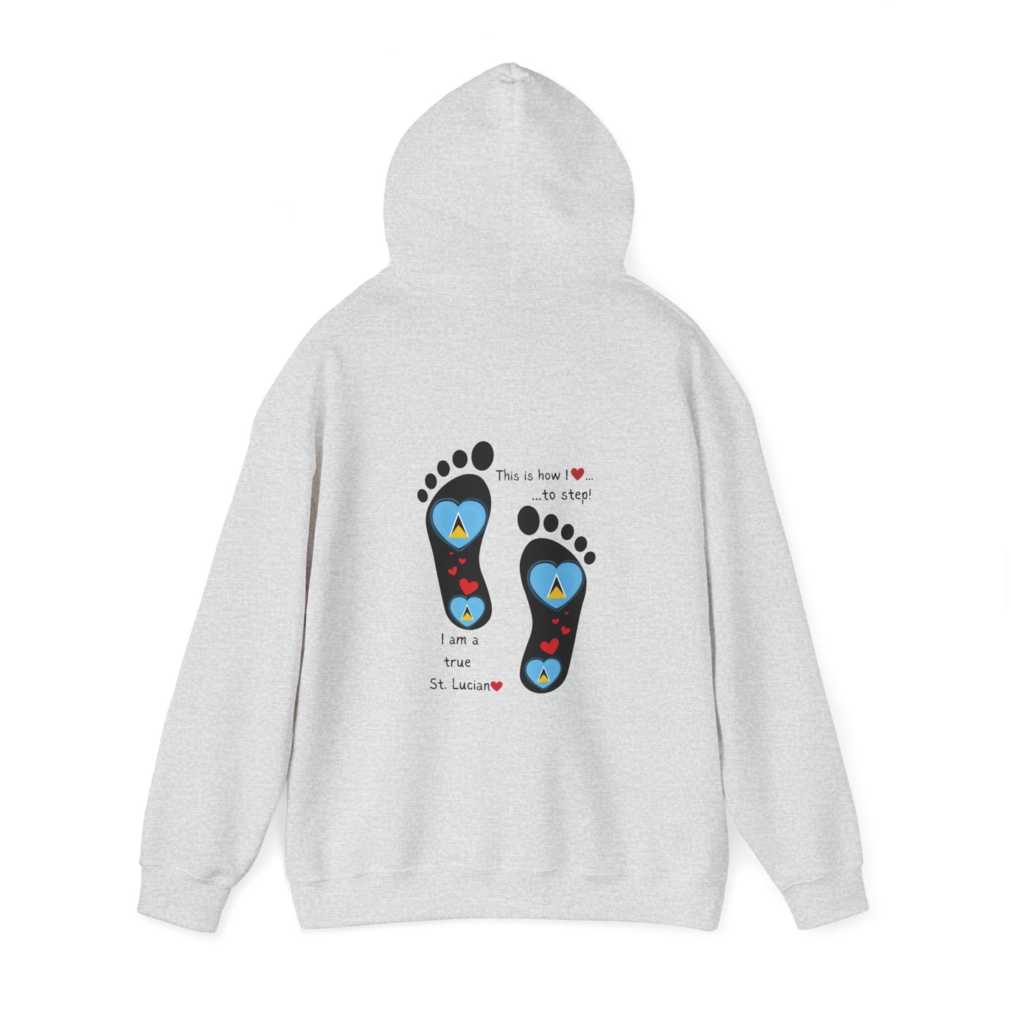 Elevate Your Style with LoveJustJules's St. Lucian Heart-Shaped Flag in Footsteps Hooded Sweatshirt.