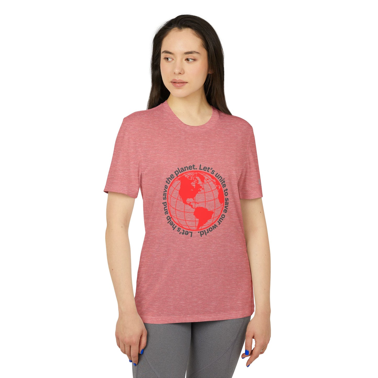 adidas® Unisex Sport T-shirt - Eco-Conscious-Message - Red Outlined World Tee -LoveJustJules - Custom-Designed Apparel