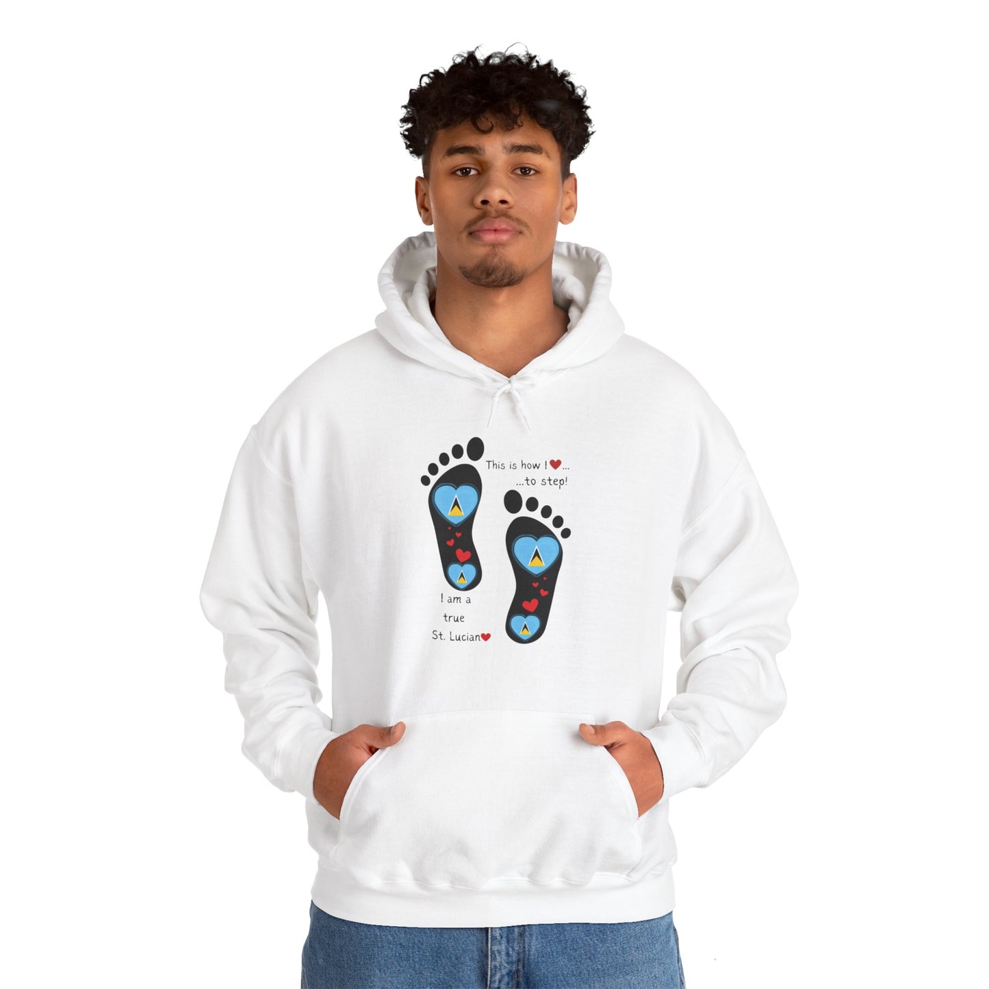 Elevate Your Style with LoveJustJules's St. Lucian Heart-Shaped Flag in Footsteps Hooded Sweatshirt.