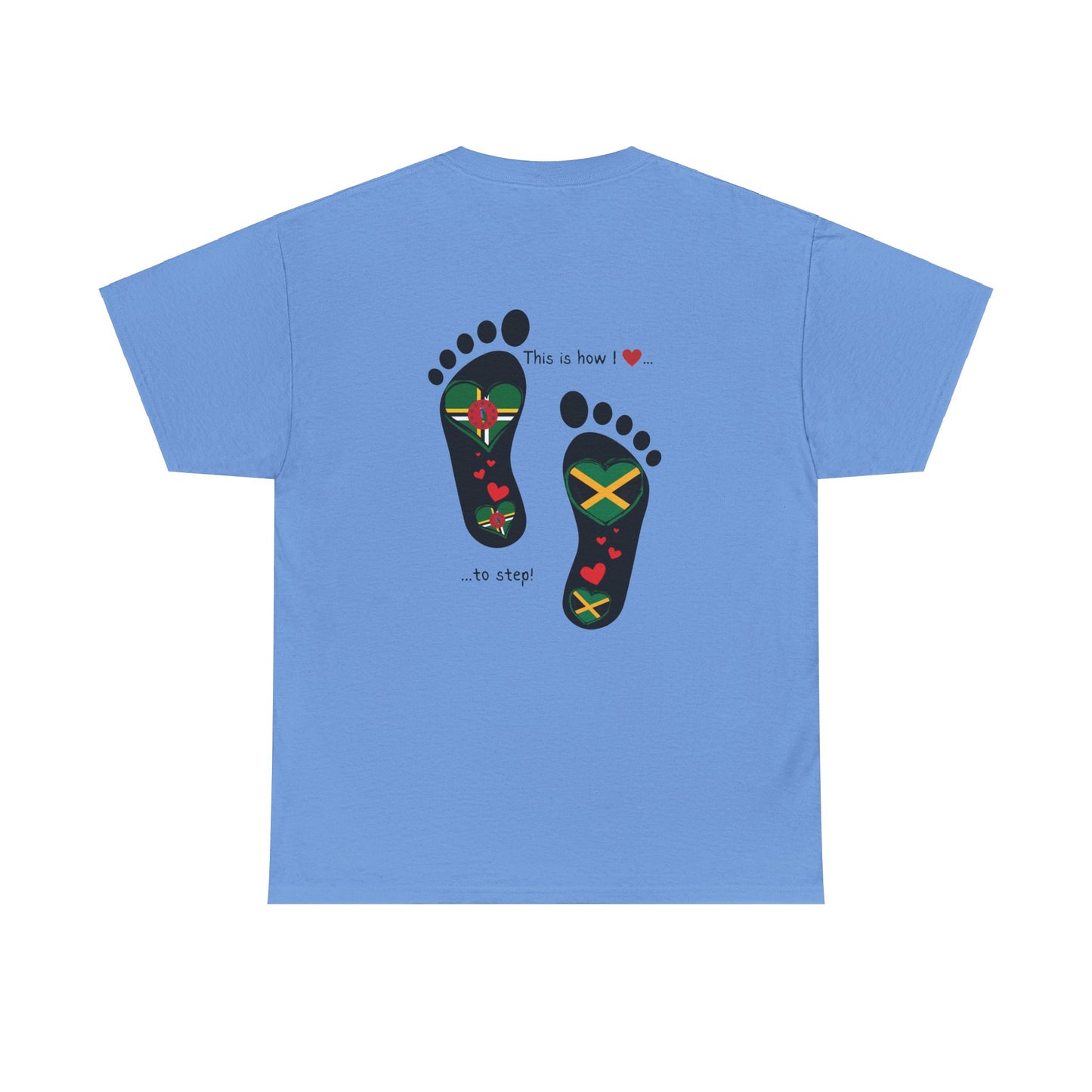 Jamaica & Dominica Flag in Footsteps Tee: Unique Unisex Soft style tee-Shirt for Dual Heritage Pride! Island Flag Fusion Apparel